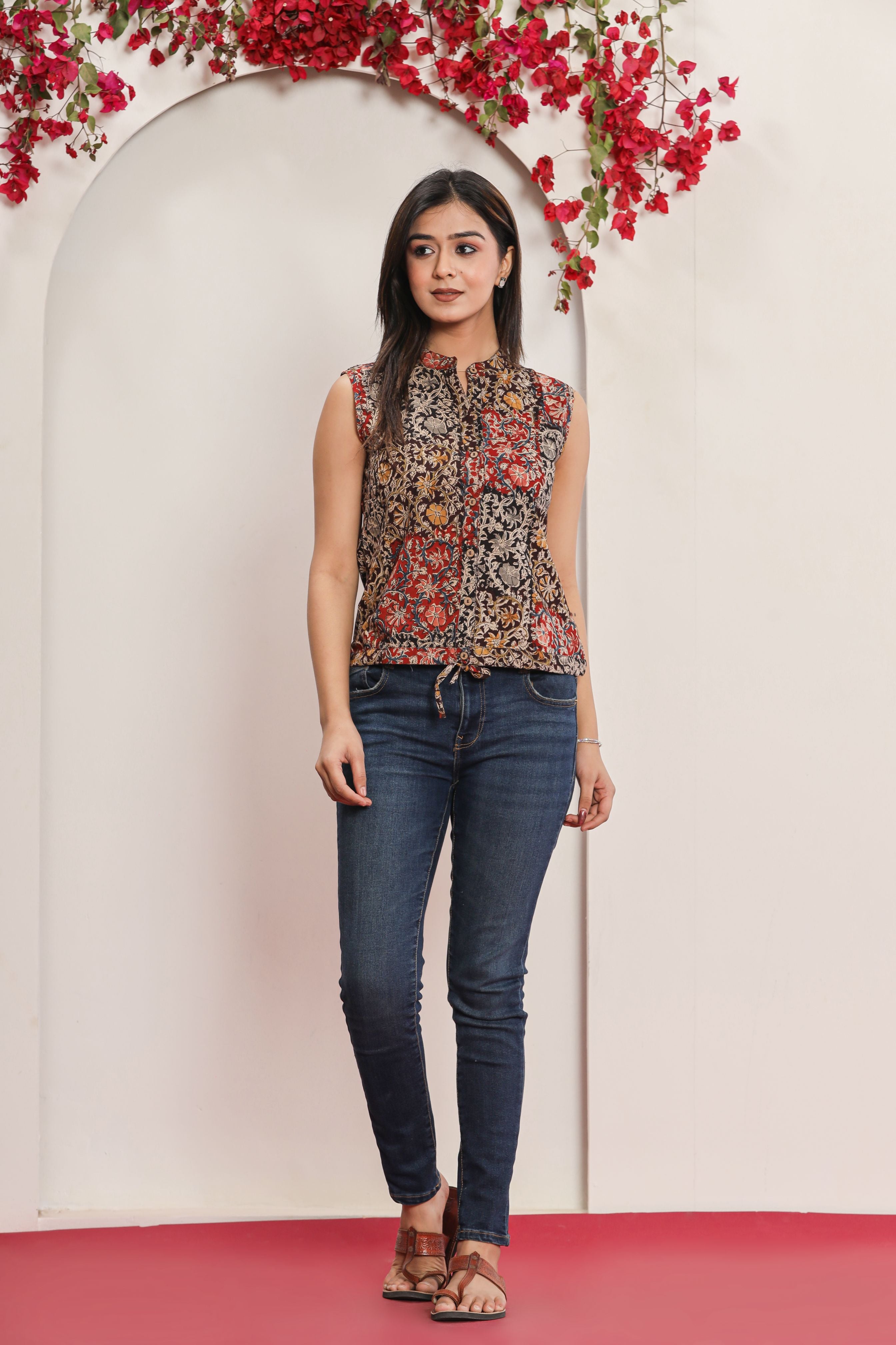 Kalamkari Patch Print Sleeveless Womens Hand Block Printed Tops