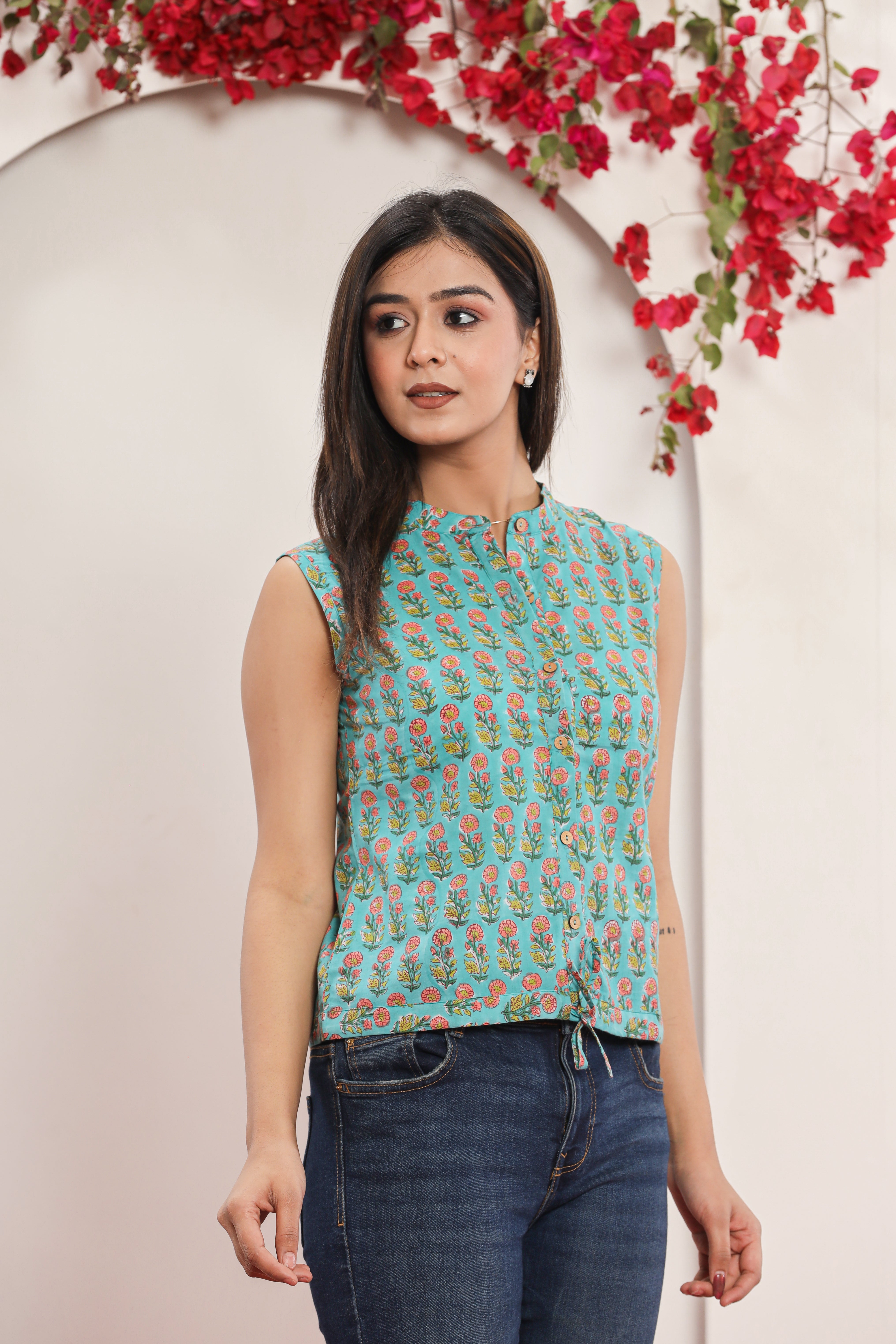 Firozi Blue Mughal Bagh Sleeveless Womens Hand Block Printed Tops