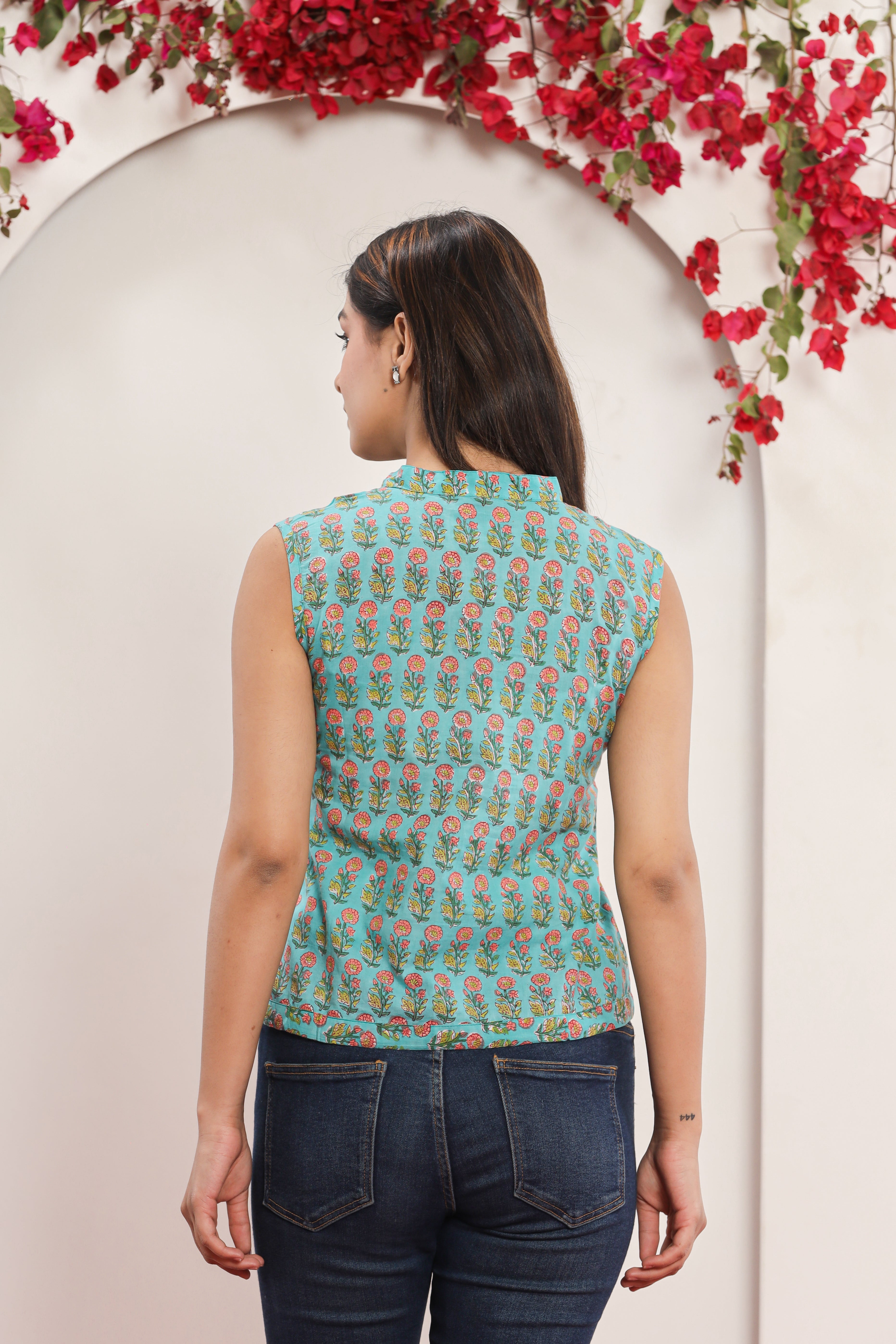 Firozi Blue Mughal Bagh Sleeveless Womens Hand Block Printed Tops