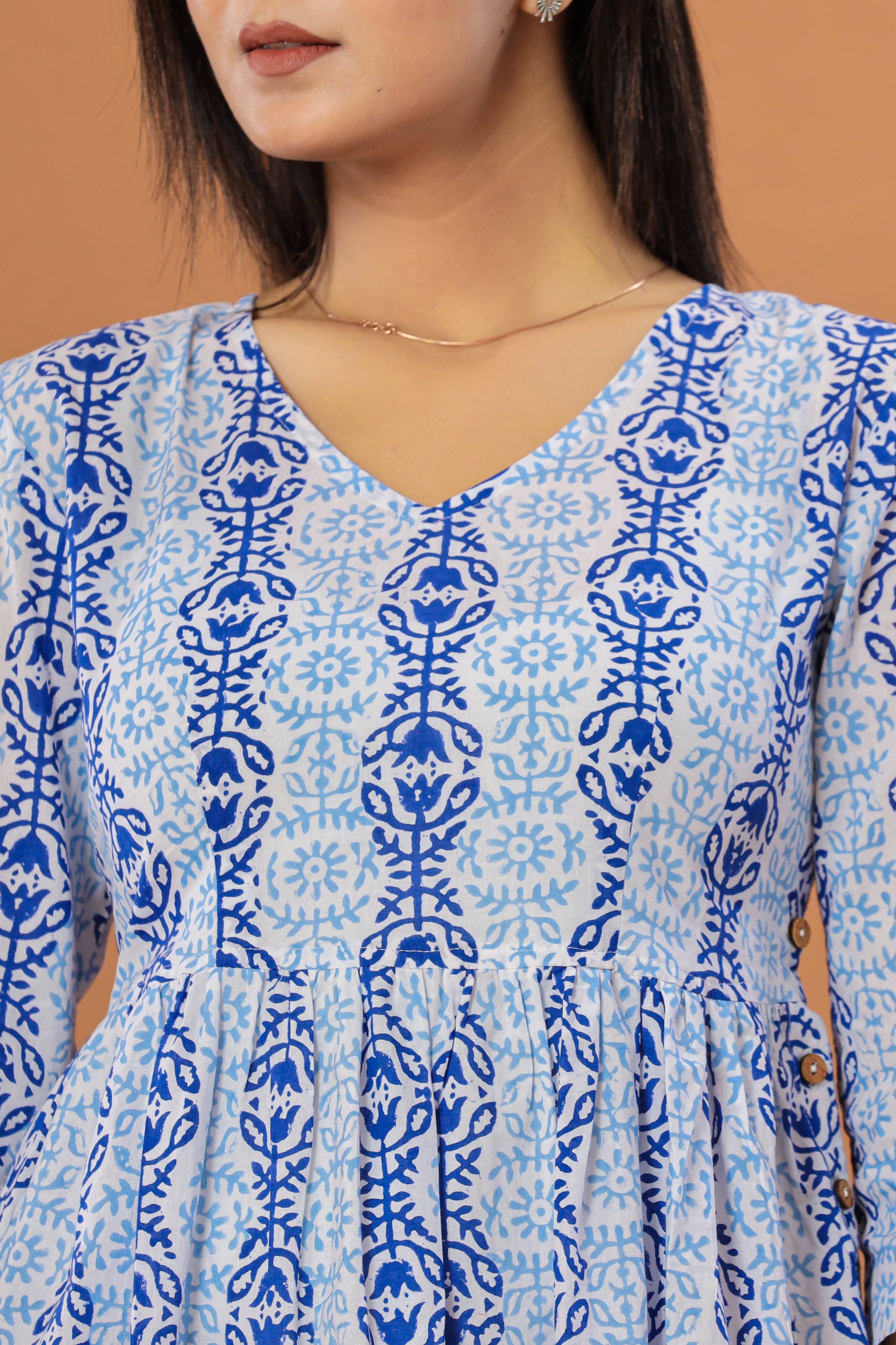 Blue Abstract Bel Flared Womens Hand Block Printed Tops