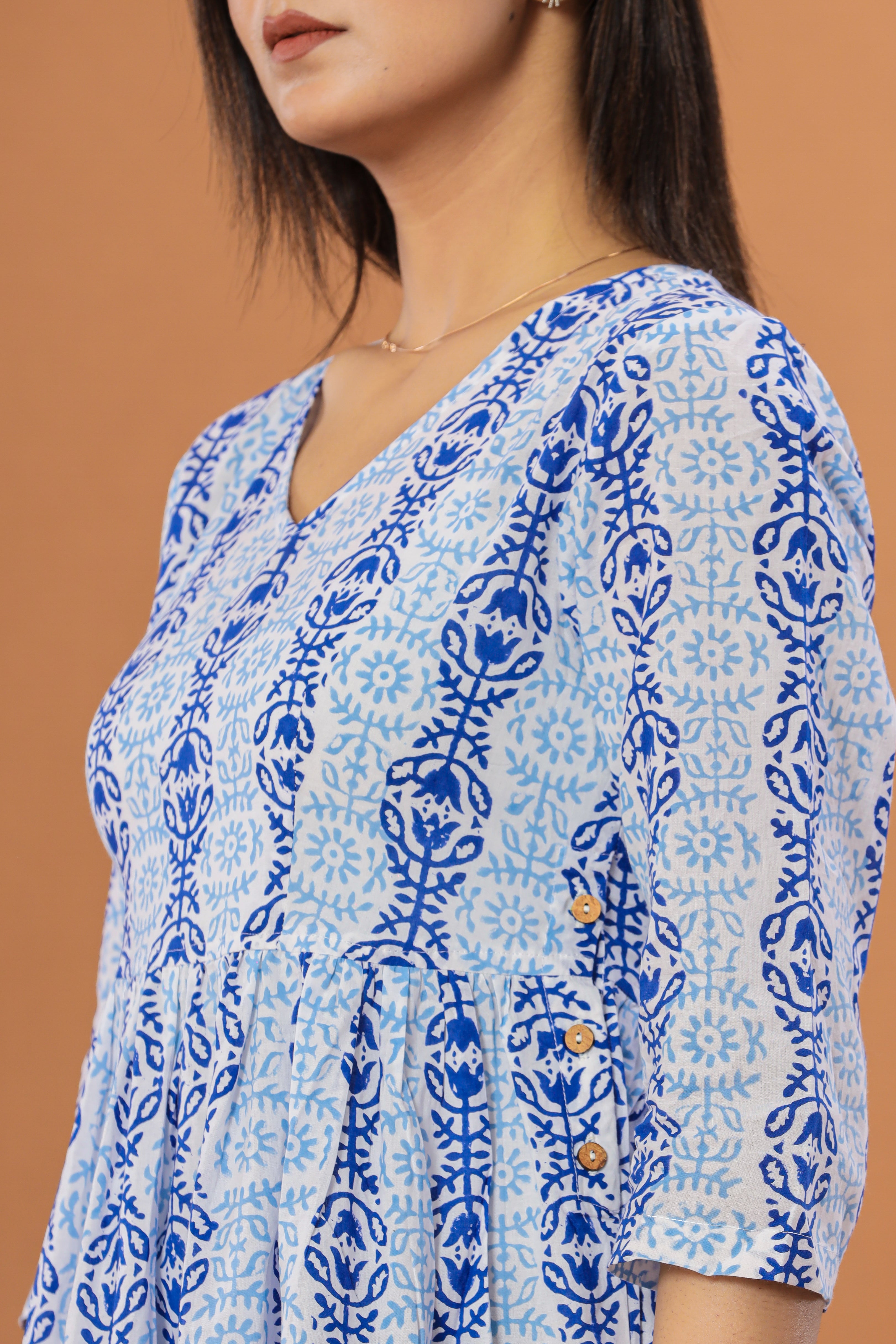 Blue Abstract Bel Flared Womens Hand Block Printed Tops