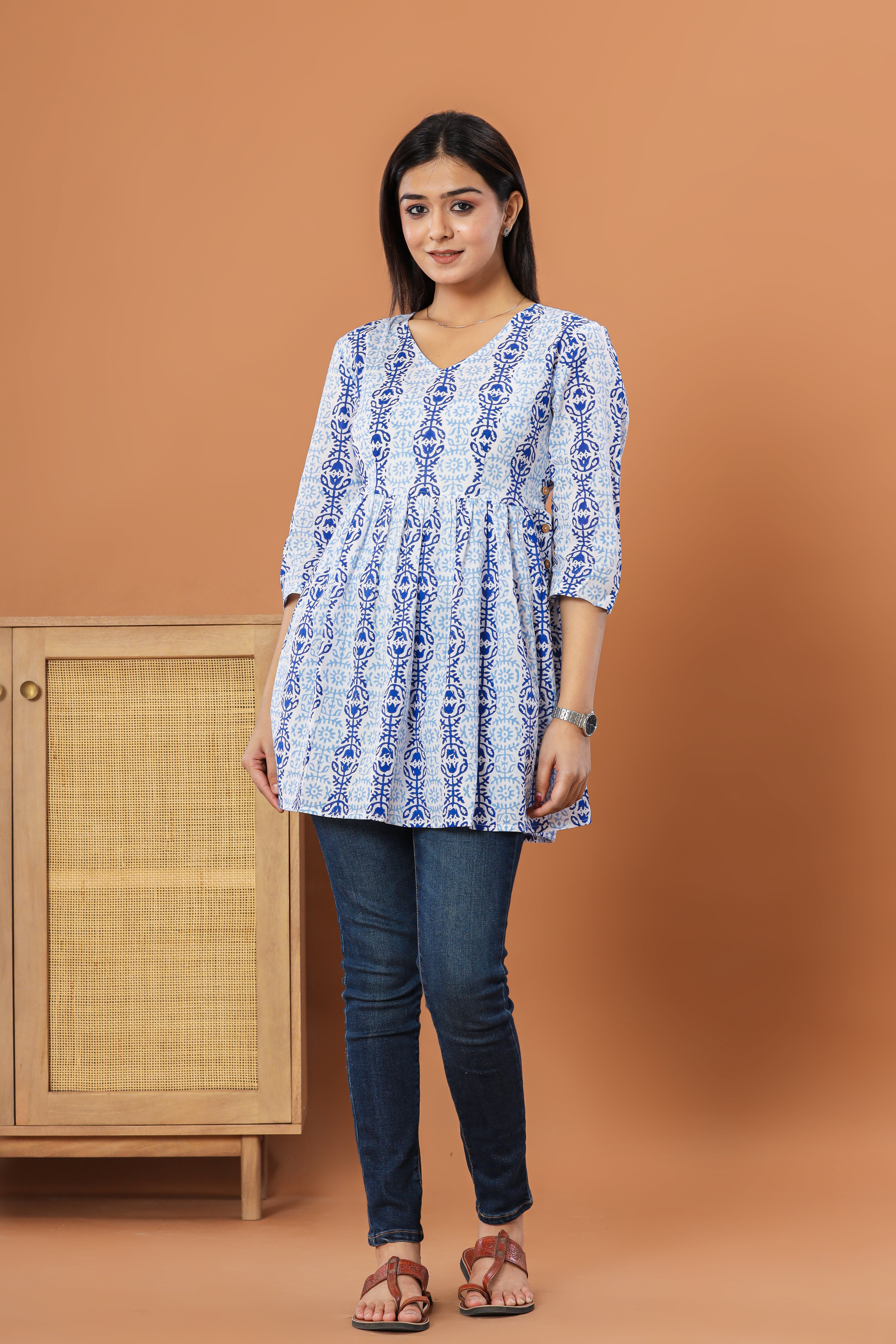 Blue Abstract Bel Flared Womens Hand Block Printed Tops