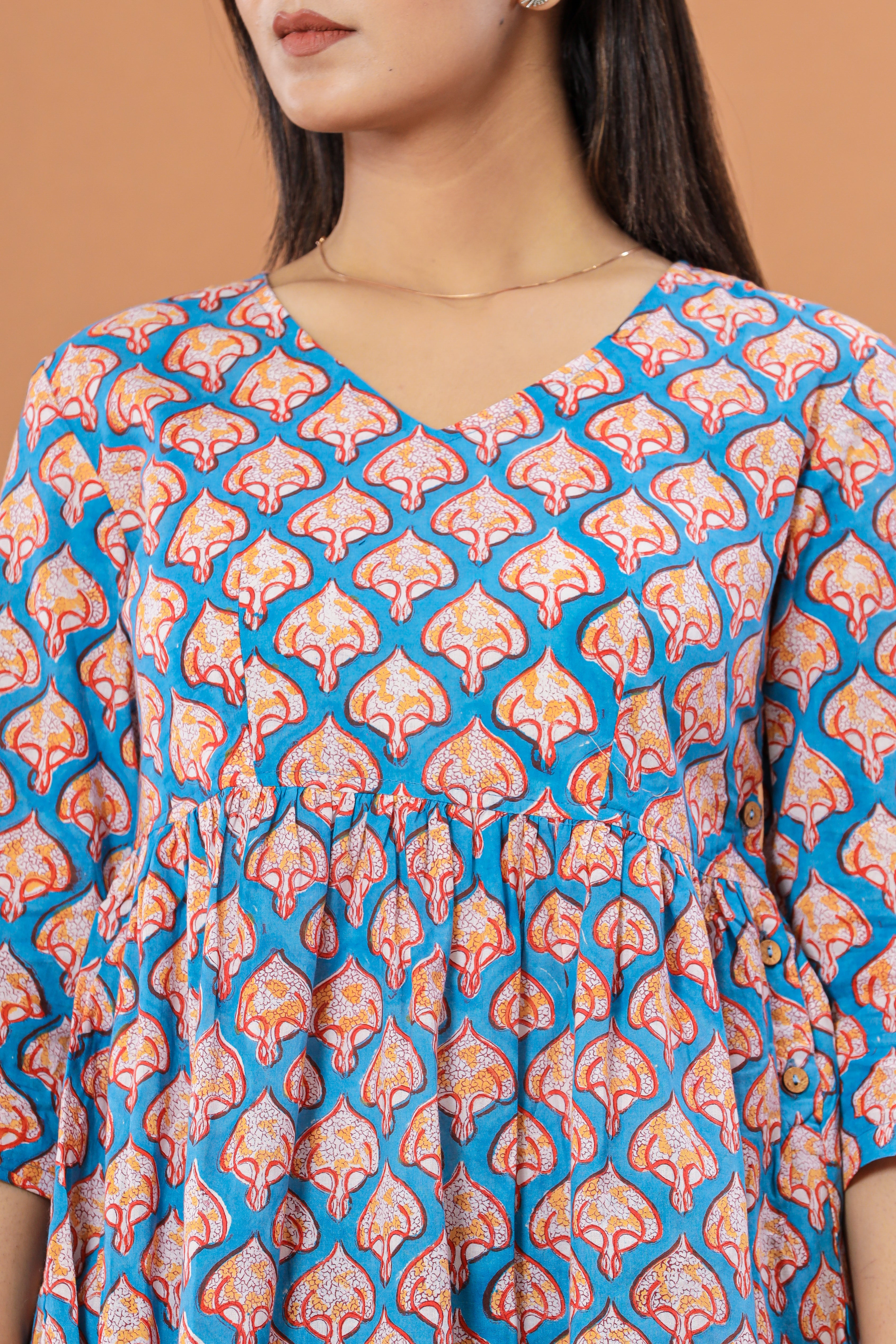 Blue Life of Sea Flared Womens Hand Block Printed Tops