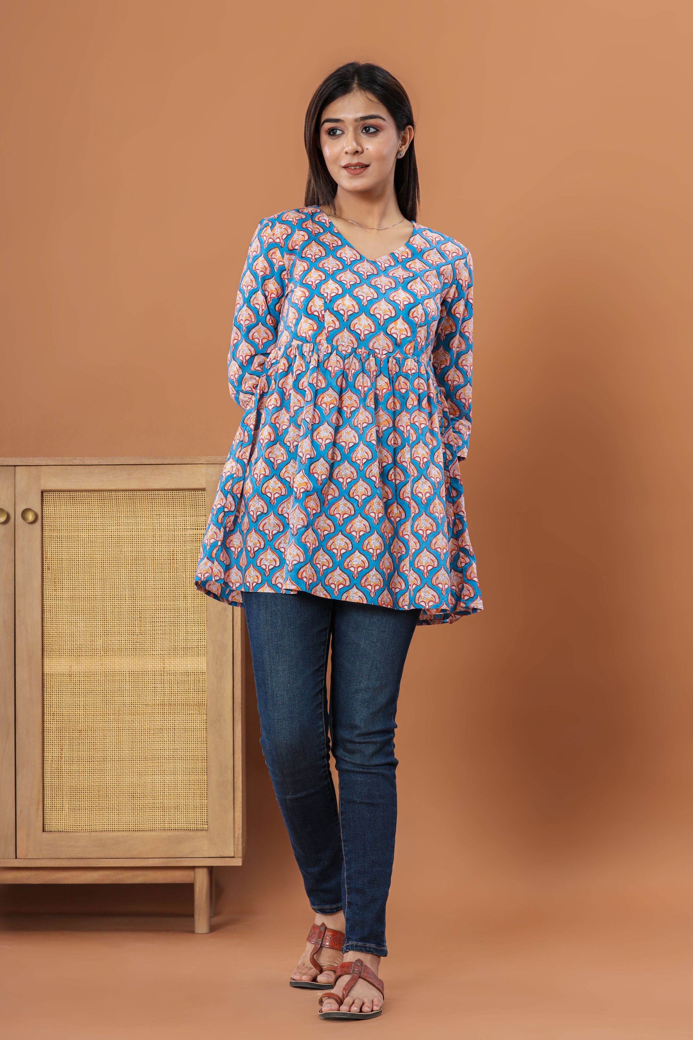 Blue Life of Sea Flared Womens Hand Block Printed Tops