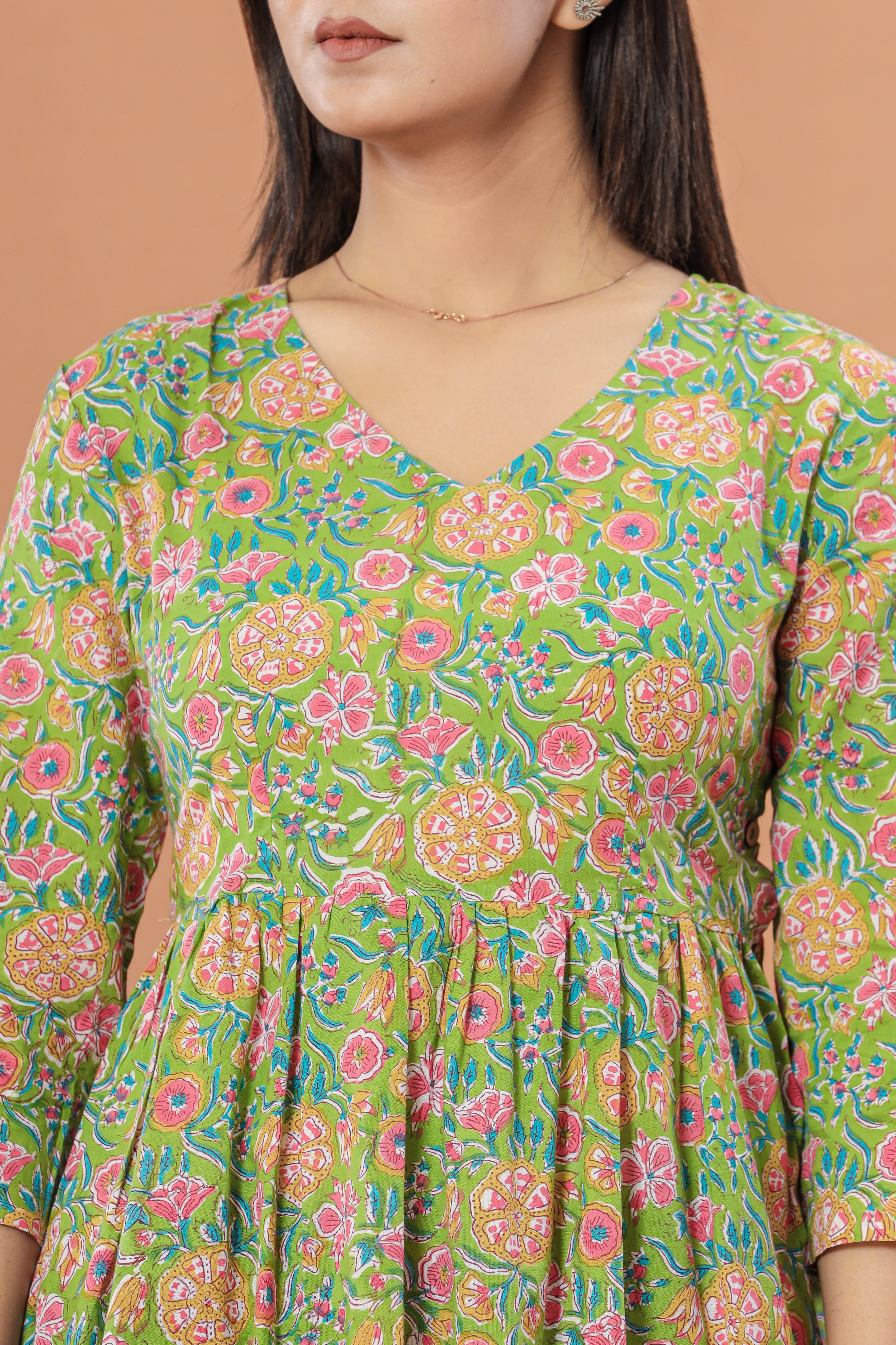 Green Chintz Flared Womens Hand Block Printed Tops