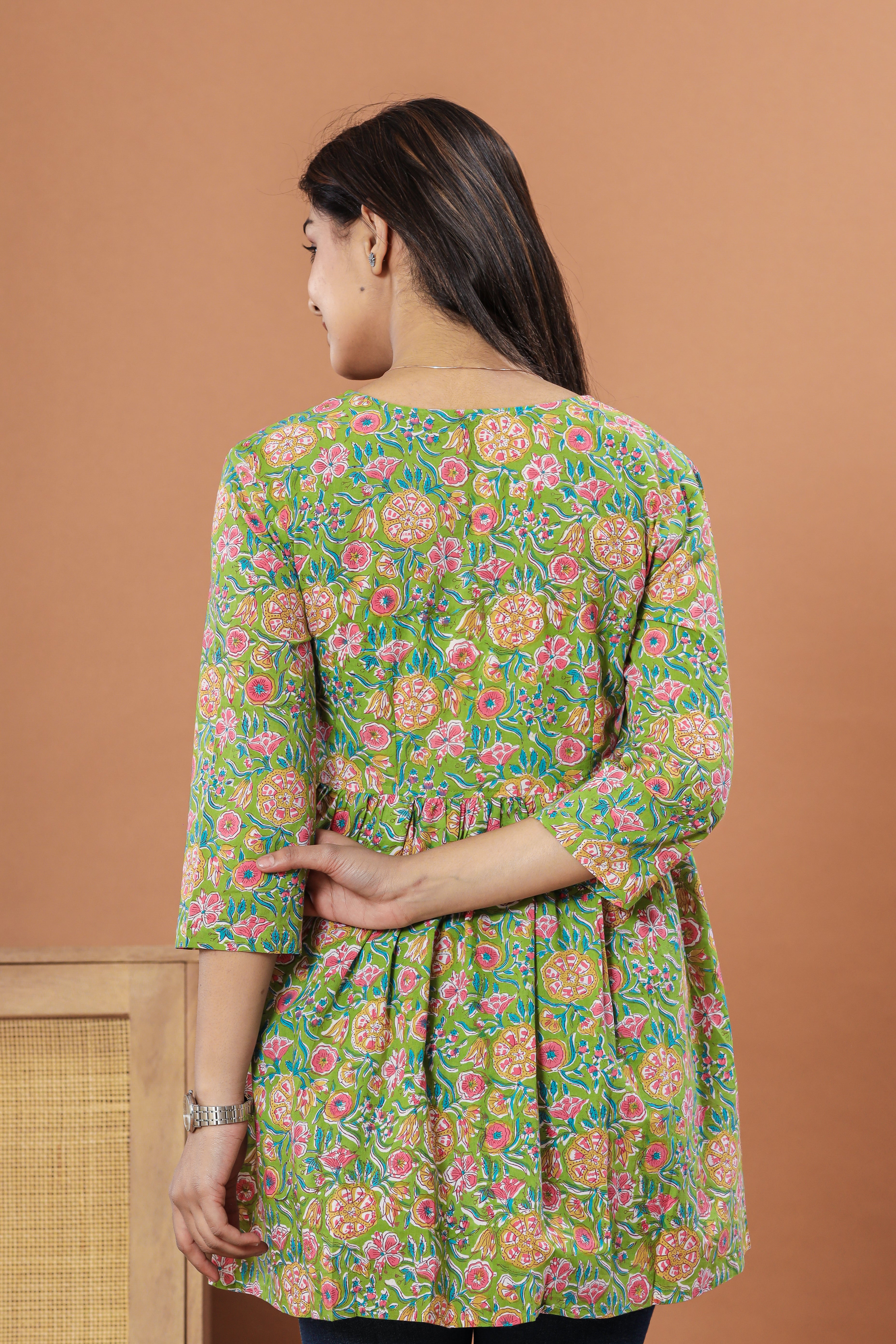 Green Chintz Flared Womens Hand Block Printed Tops