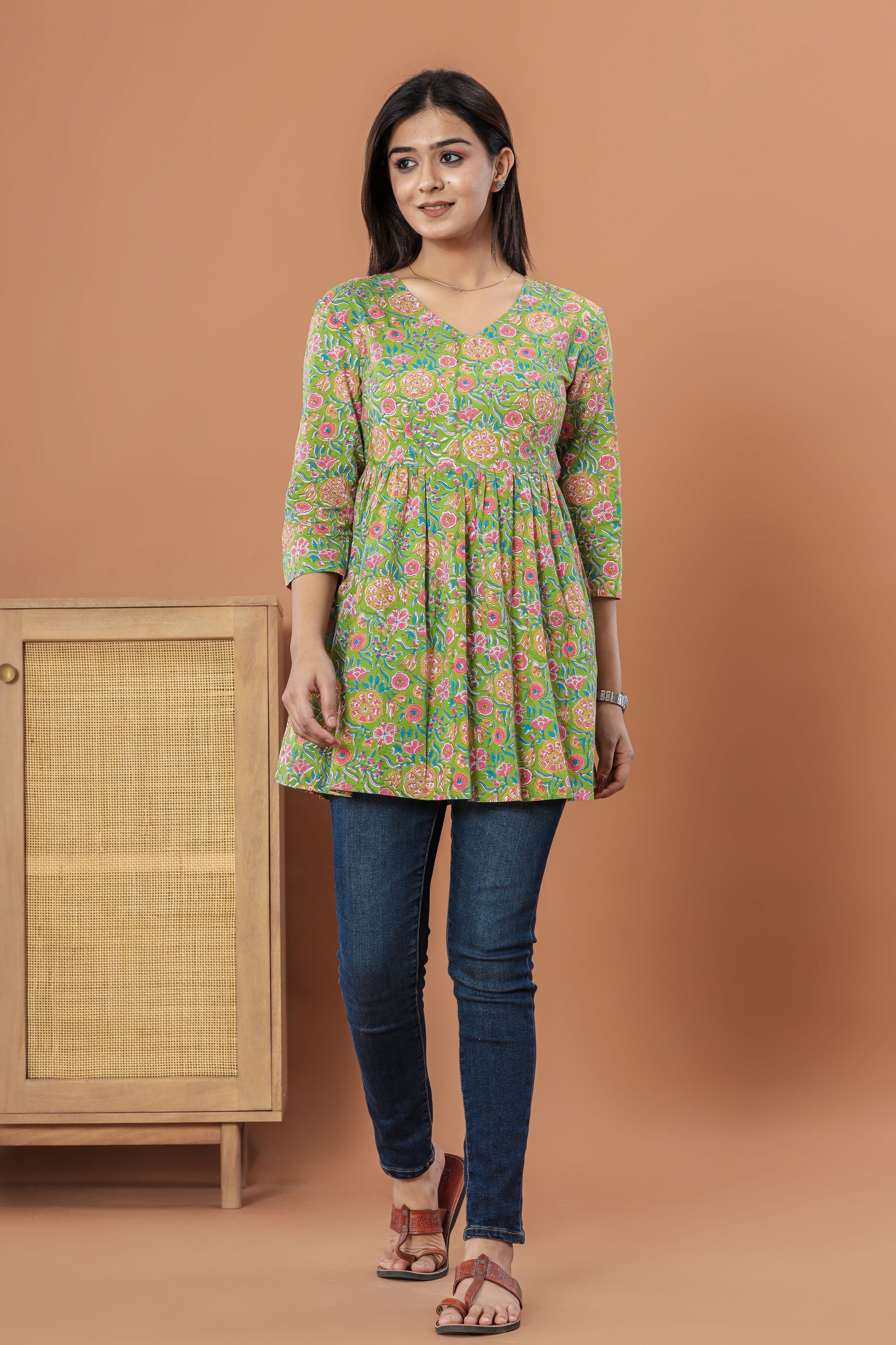 Green Chintz Flared Womens Hand Block Printed Tops