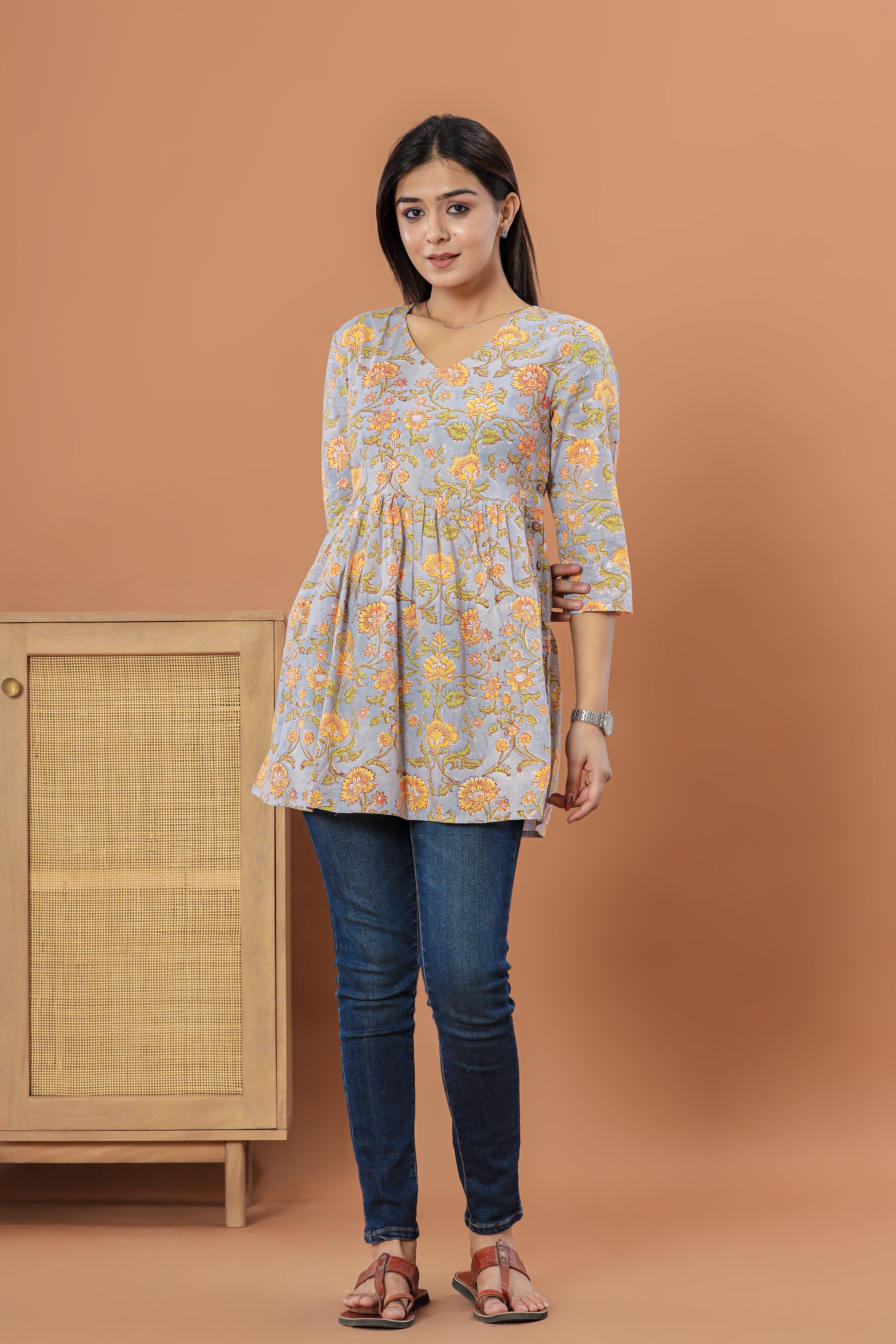 Grey Chintz Flared Womens Hand Block Printed Tops