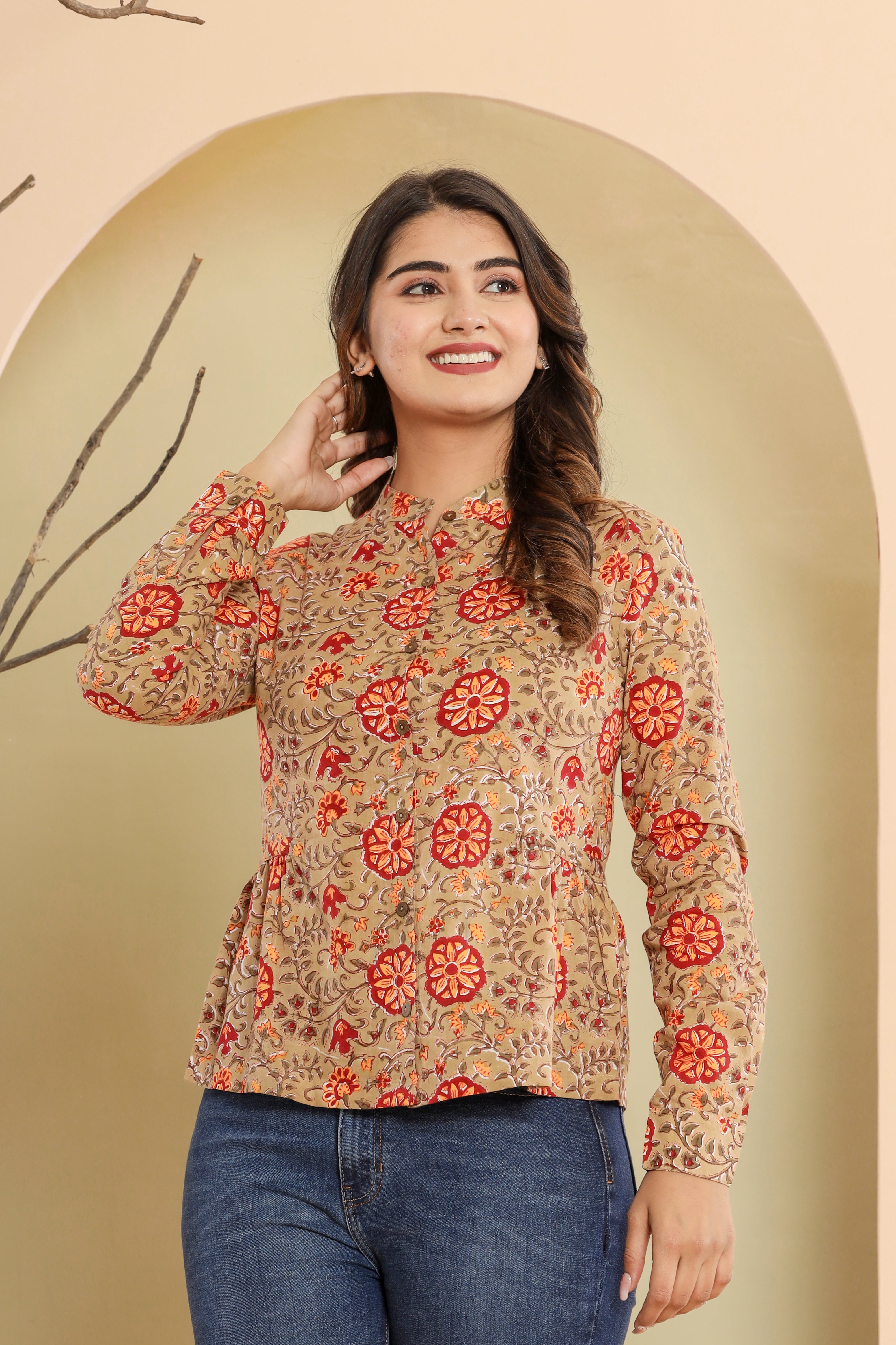 Yellow Chintz Gola Jaal Womens Hand Block Printed Shirt Tops