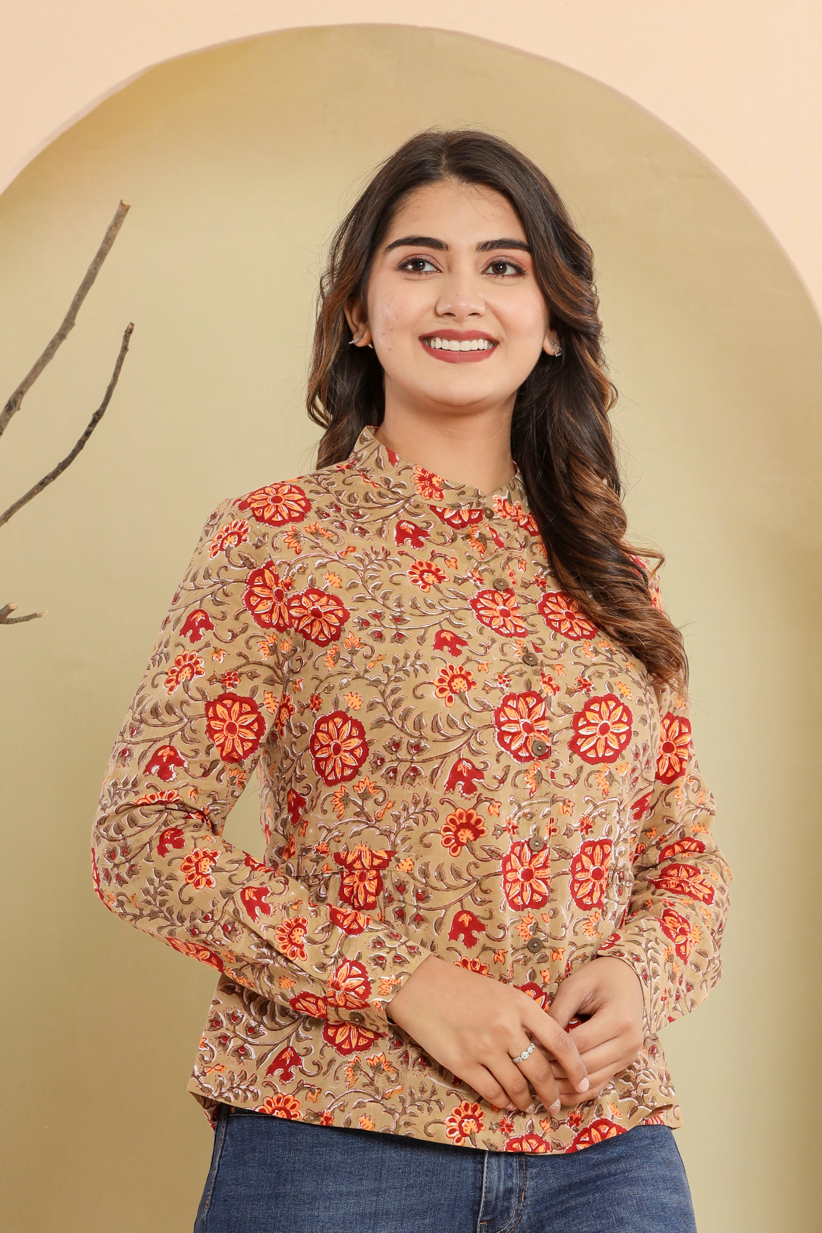 Yellow Chintz Gola Jaal Womens Hand Block Printed Shirt Tops