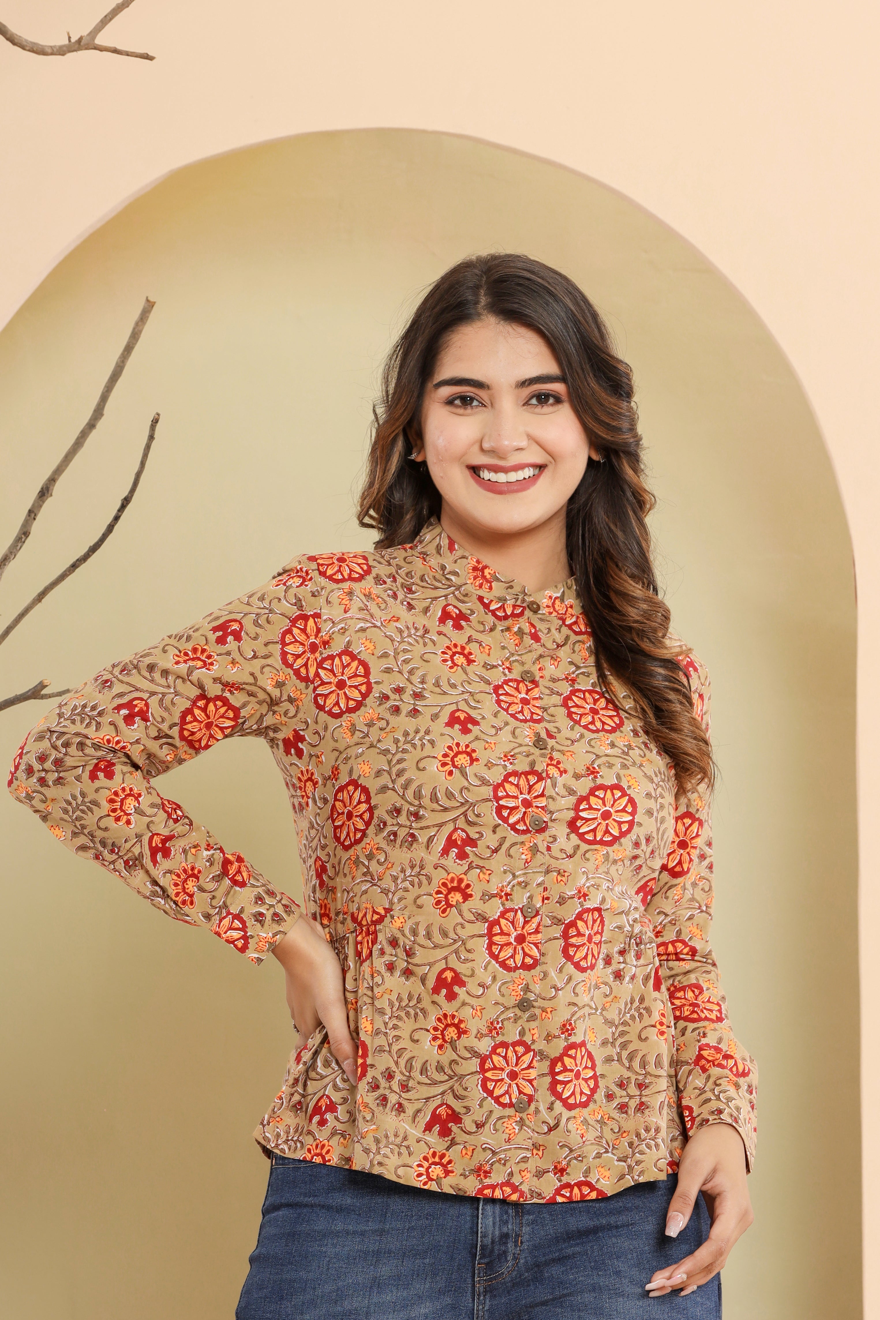 Yellow Chintz Gola Jaal Womens Hand Block Printed Shirt Tops