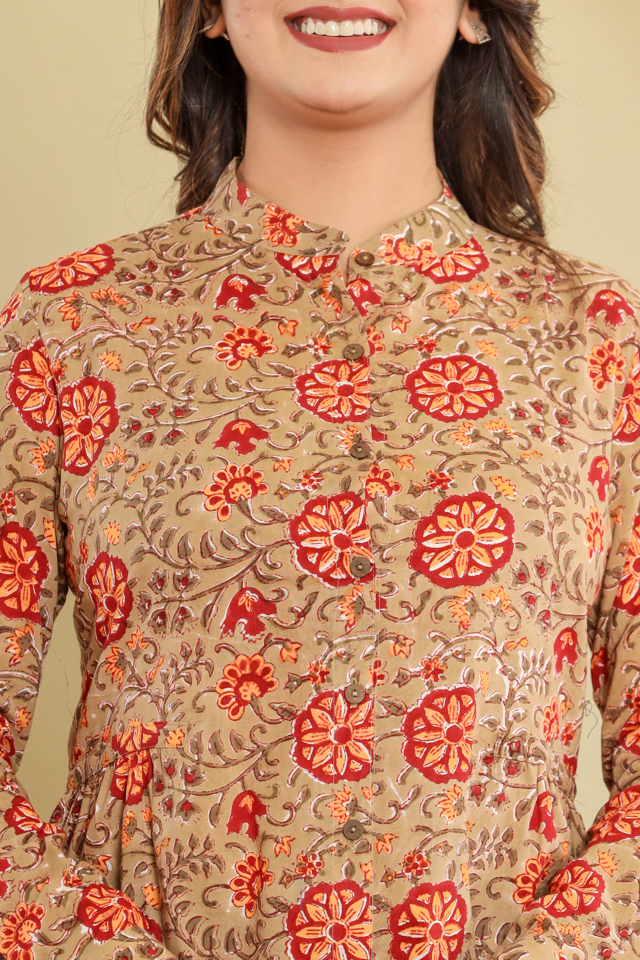 Yellow Chintz Gola Jaal Womens Hand Block Printed Shirt Tops