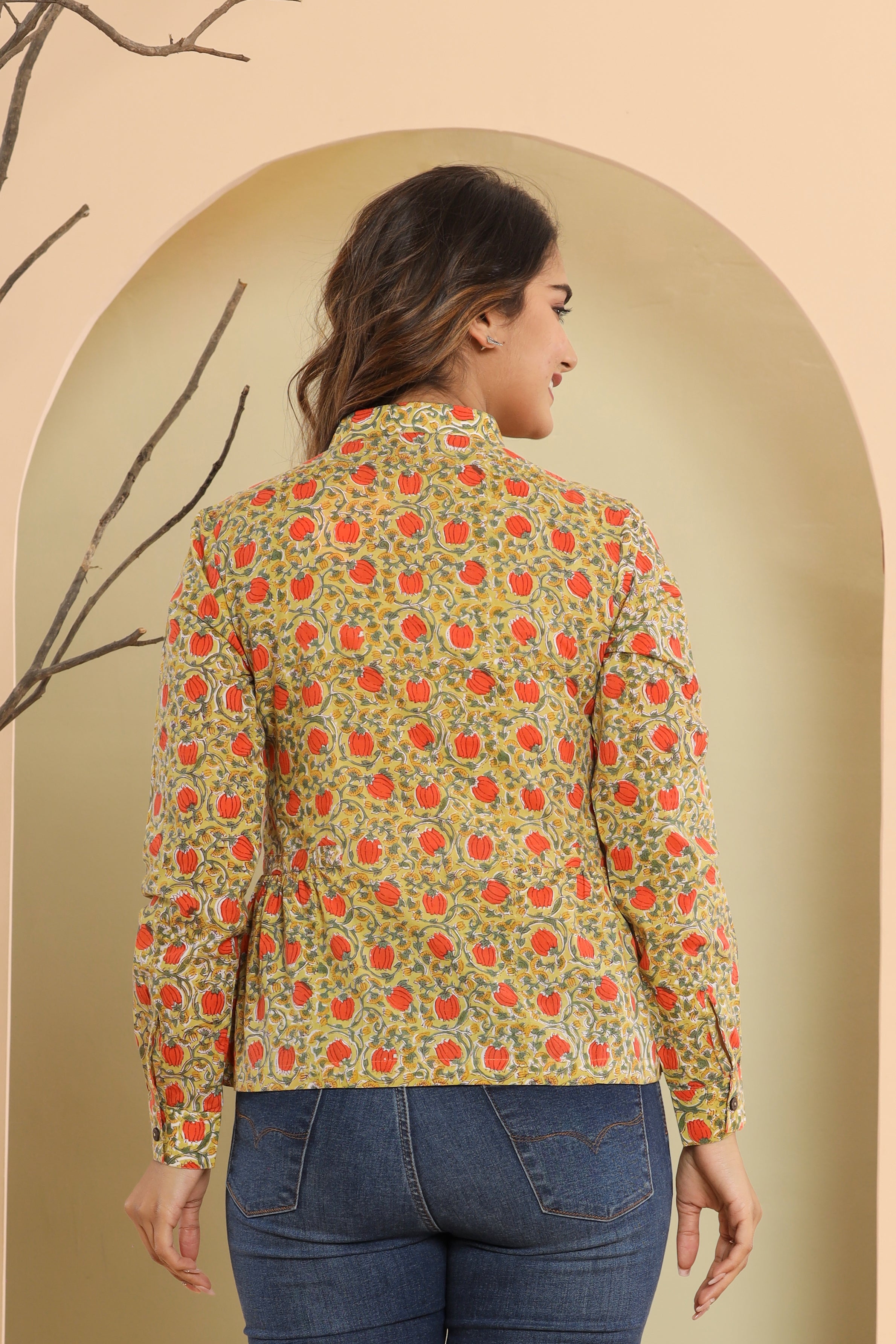 Yellow Lotus Jaal Womens Hand Block Printed Shirt Tops