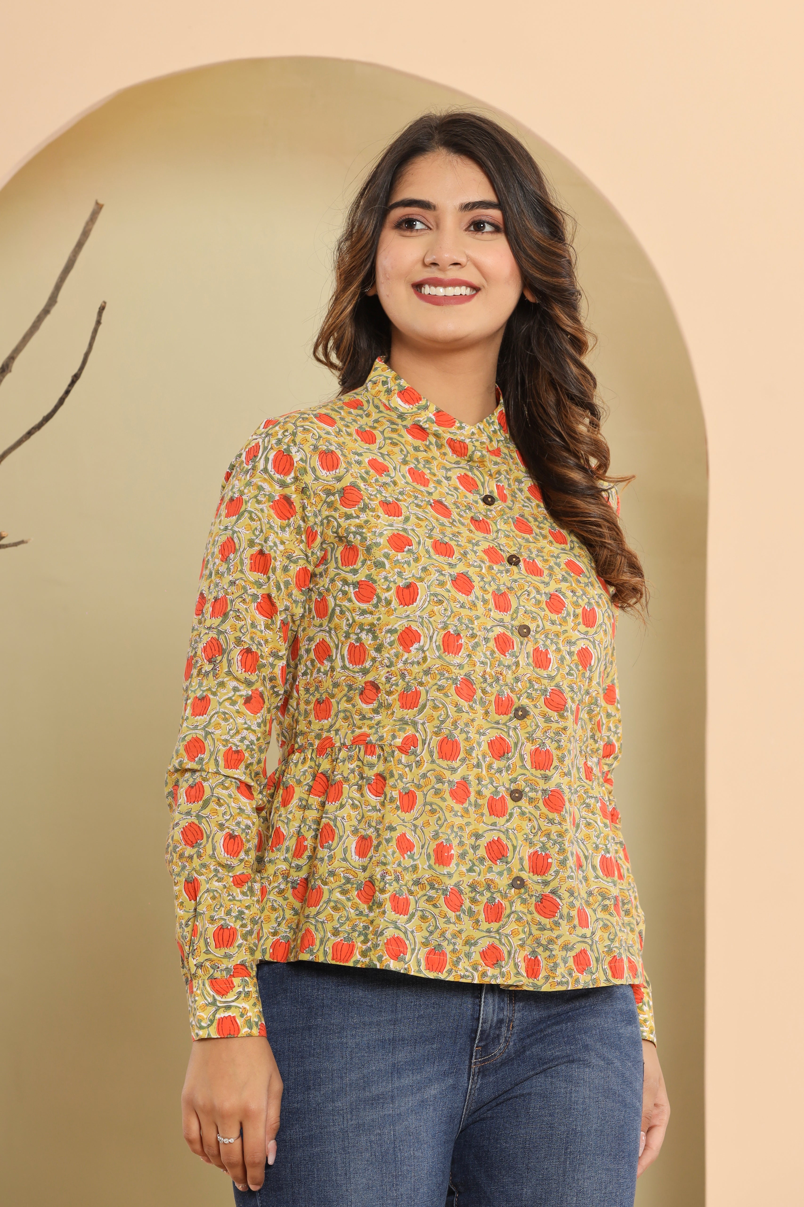 Yellow Lotus Jaal Womens Hand Block Printed Shirt Tops