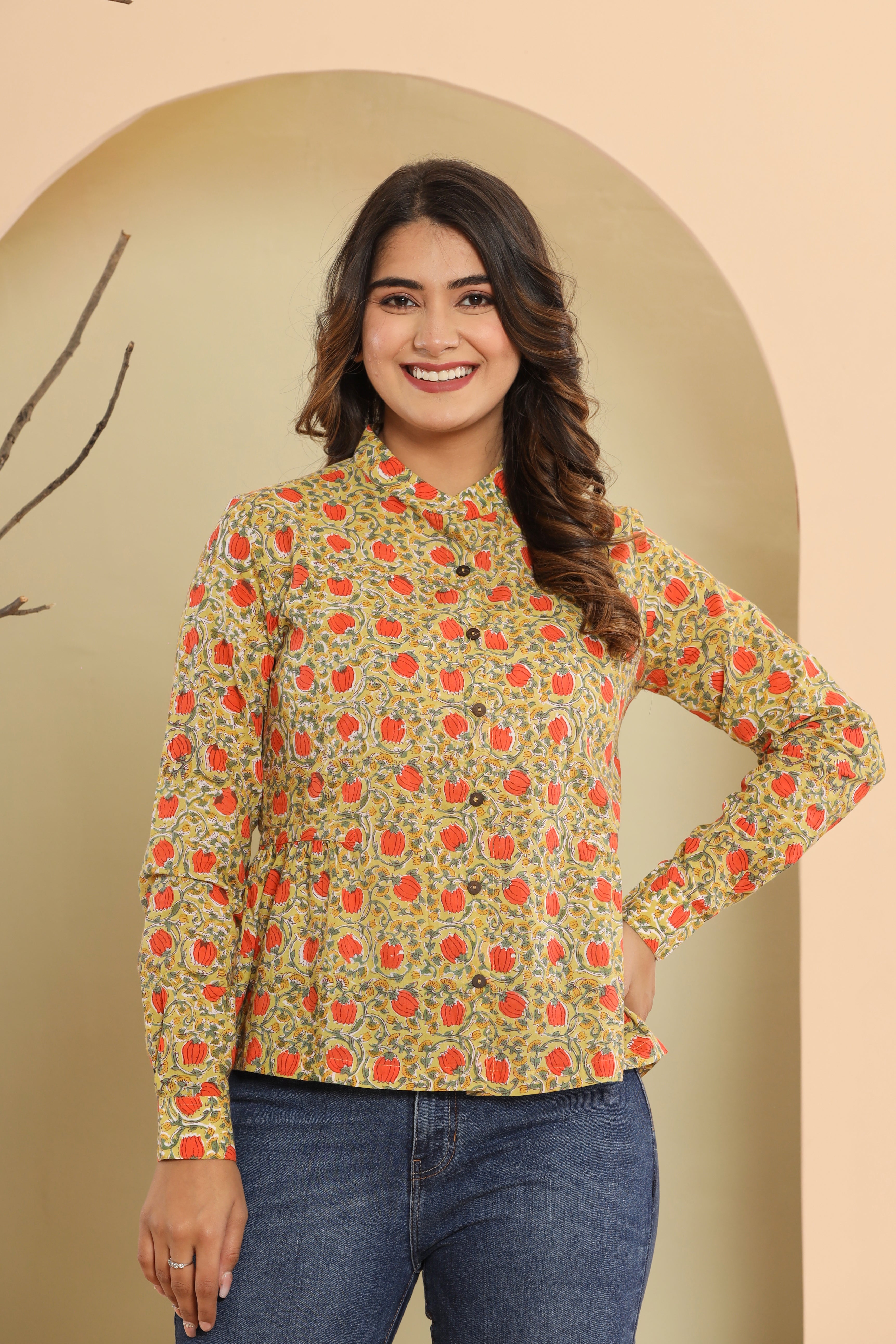 Yellow Lotus Jaal Womens Hand Block Printed Shirt Tops