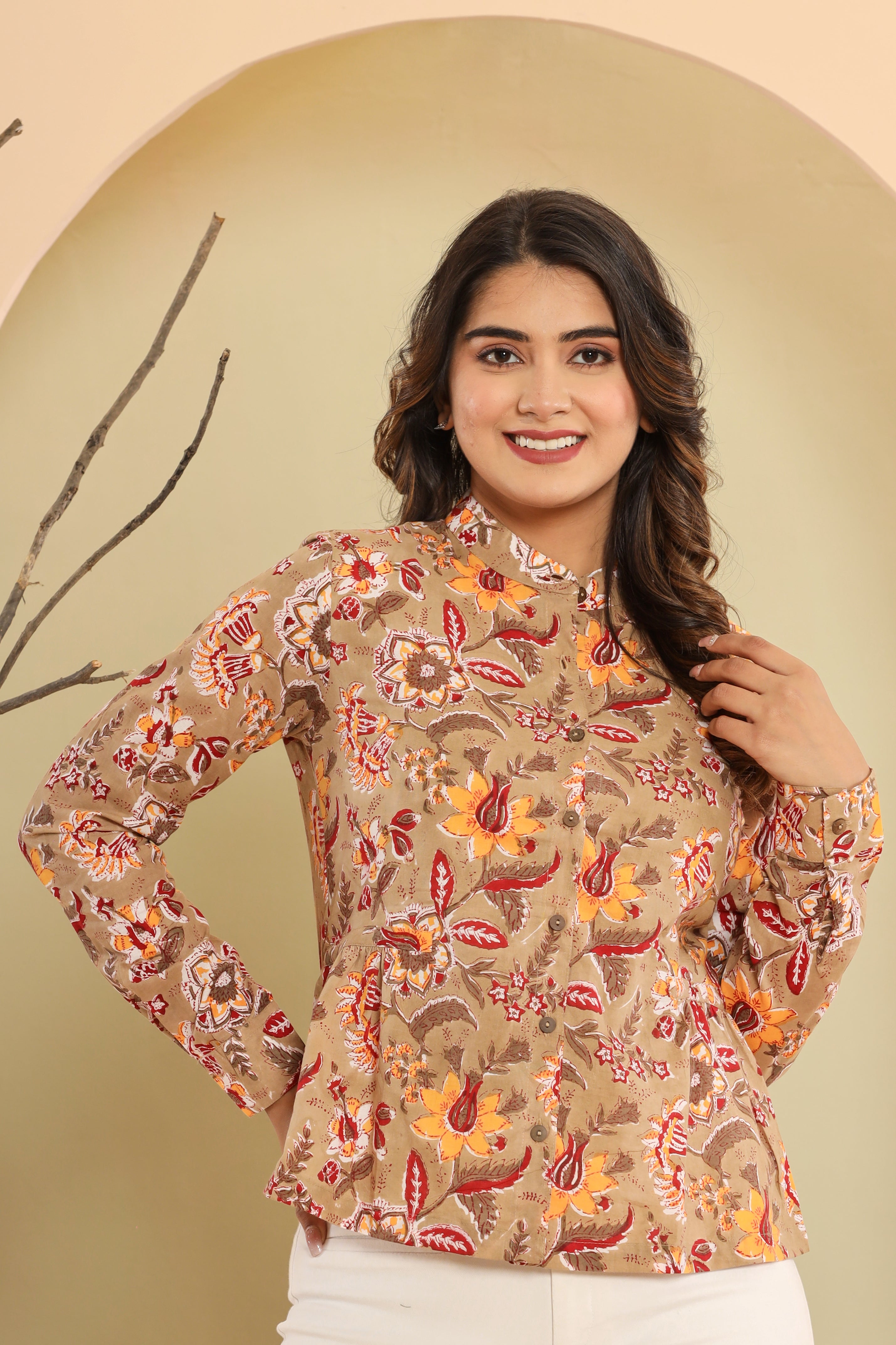 Beige Jaal Womens Hand Block Printed Shirt Tops