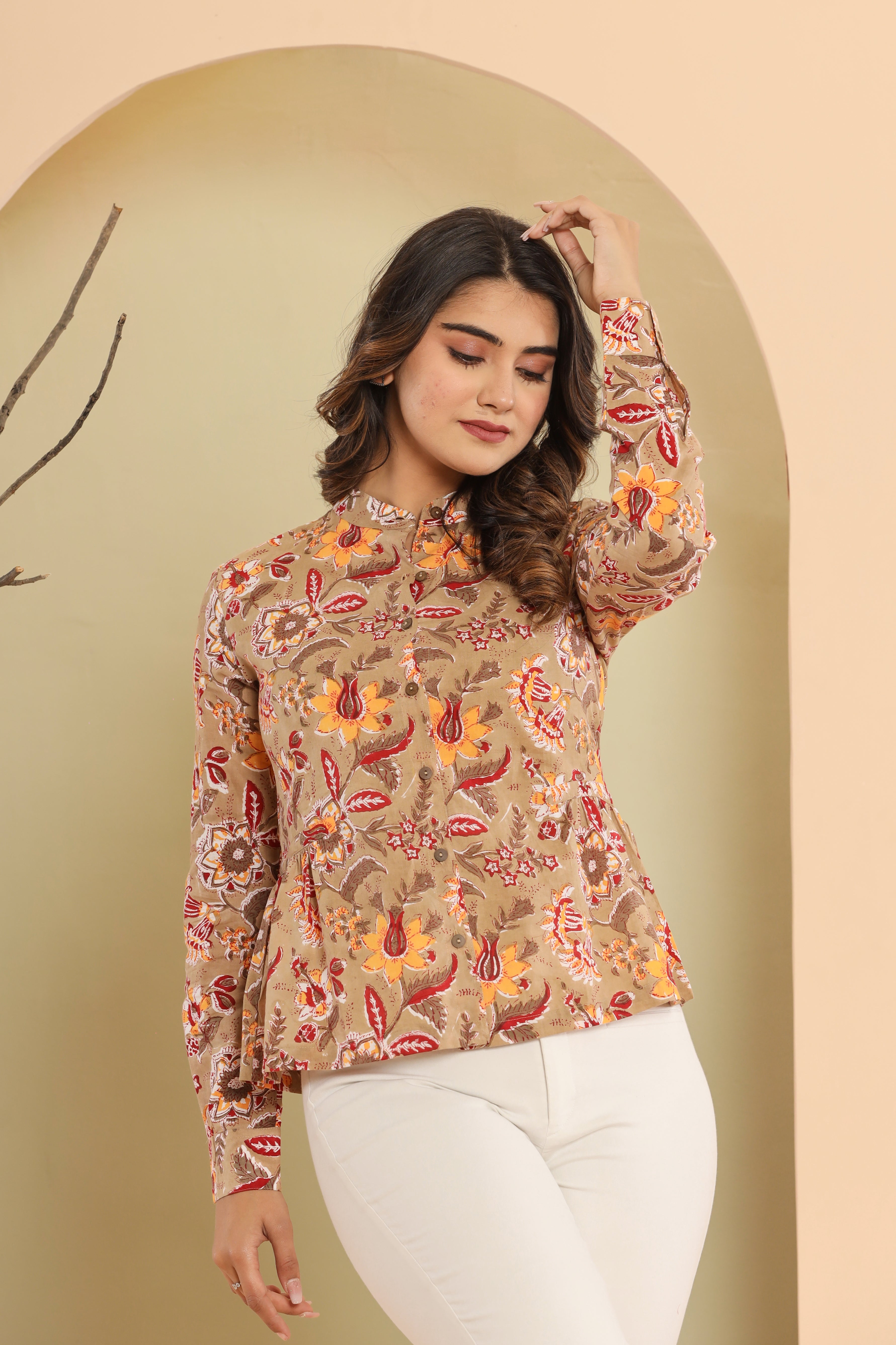 Beige Jaal Womens Hand Block Printed Shirt Tops