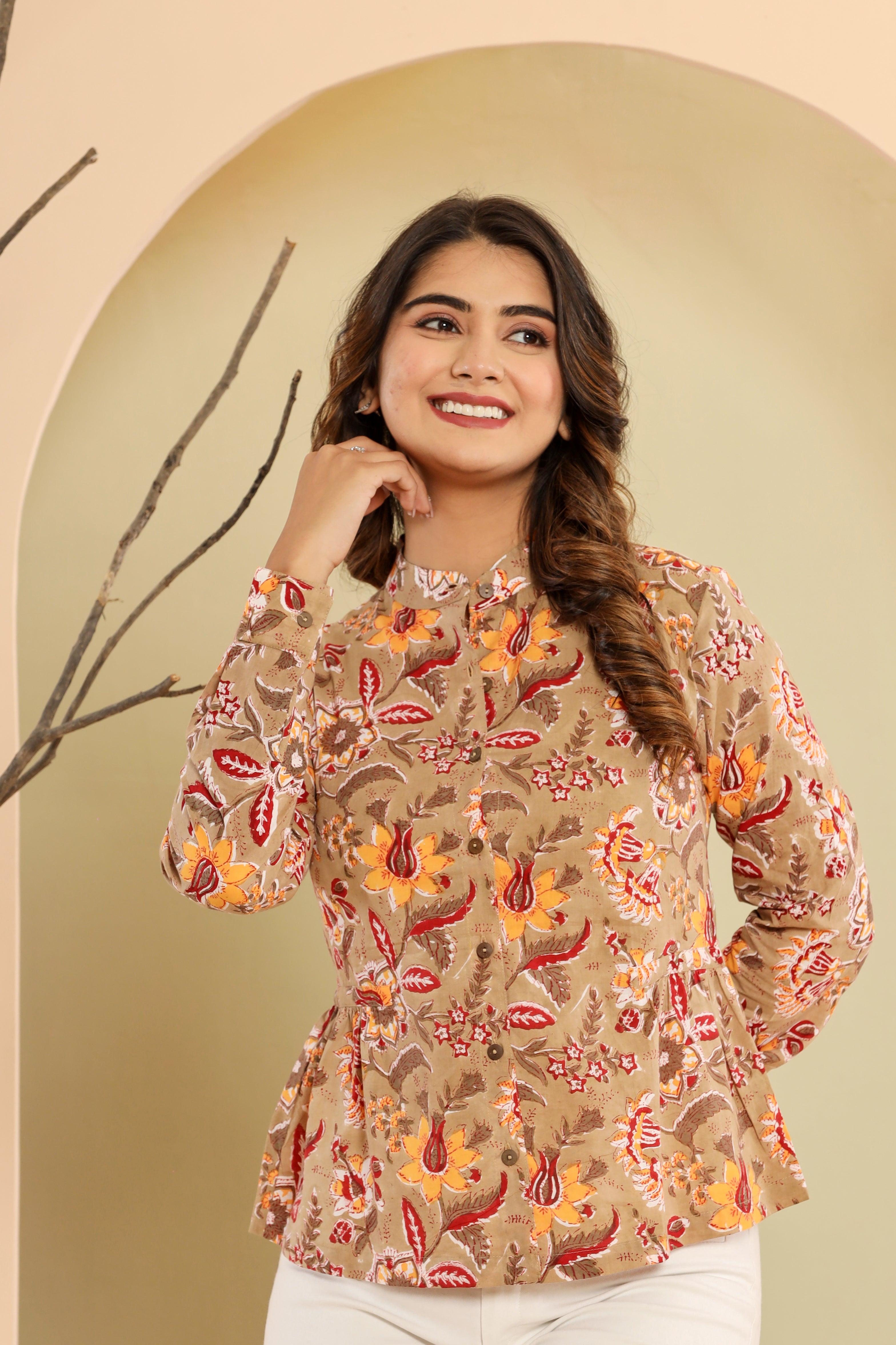 Beige Jaal Womens Hand Block Printed Shirt Tops