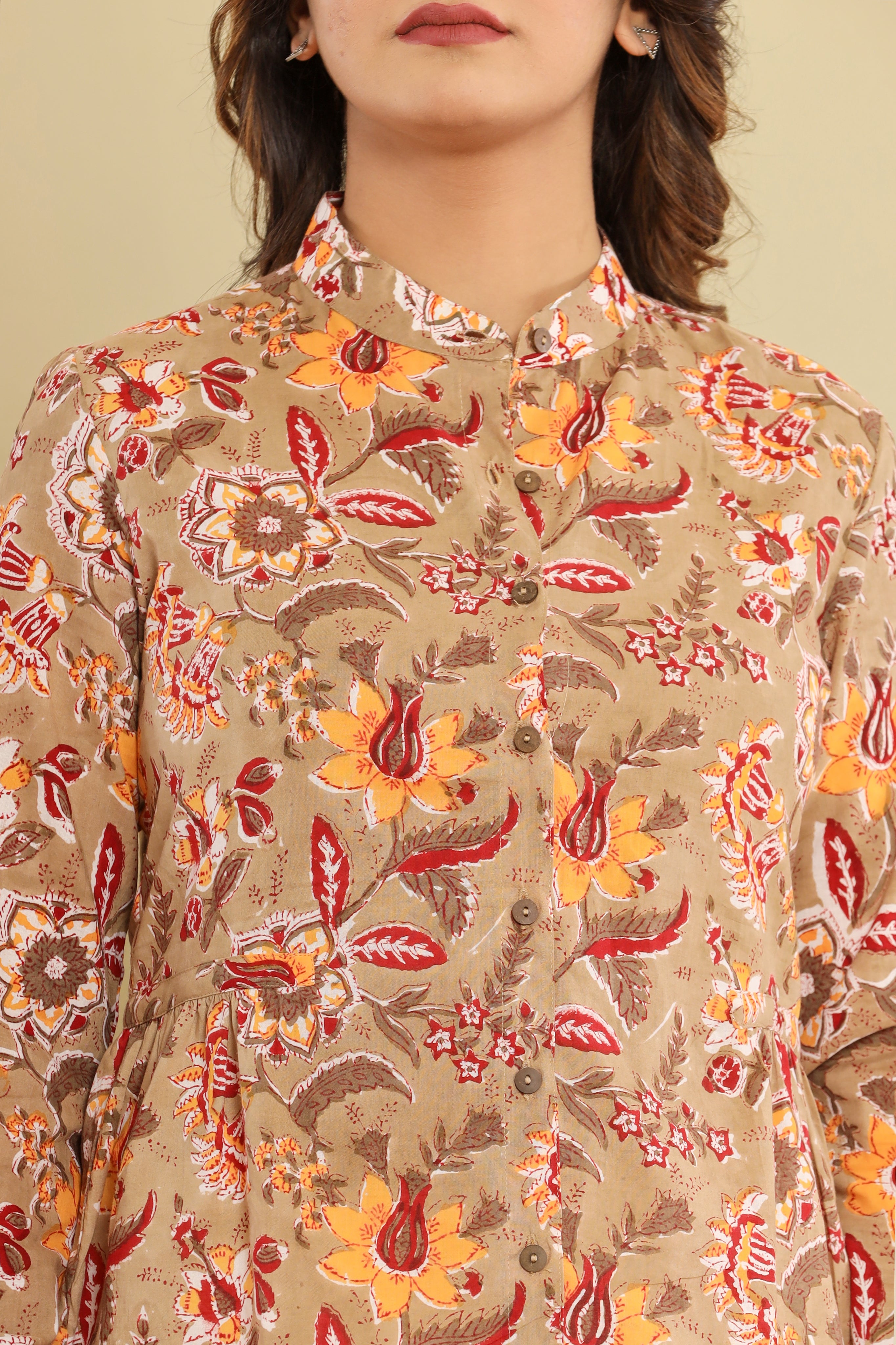 Beige Jaal Womens Hand Block Printed Shirt Tops