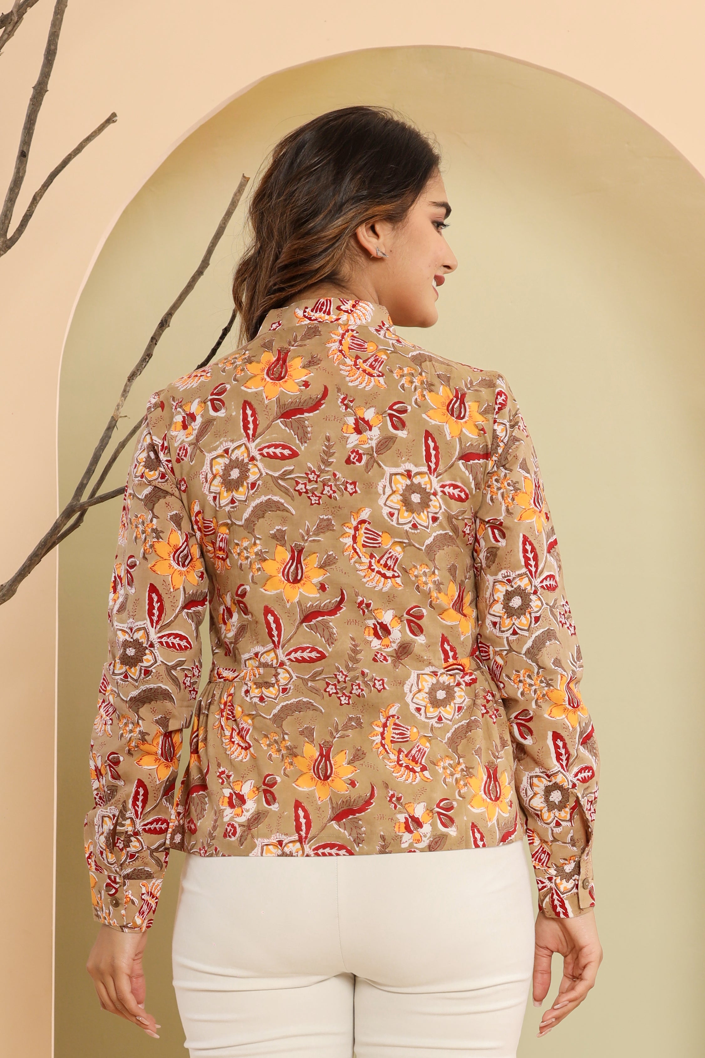 Beige Jaal Womens Hand Block Printed Shirt Tops