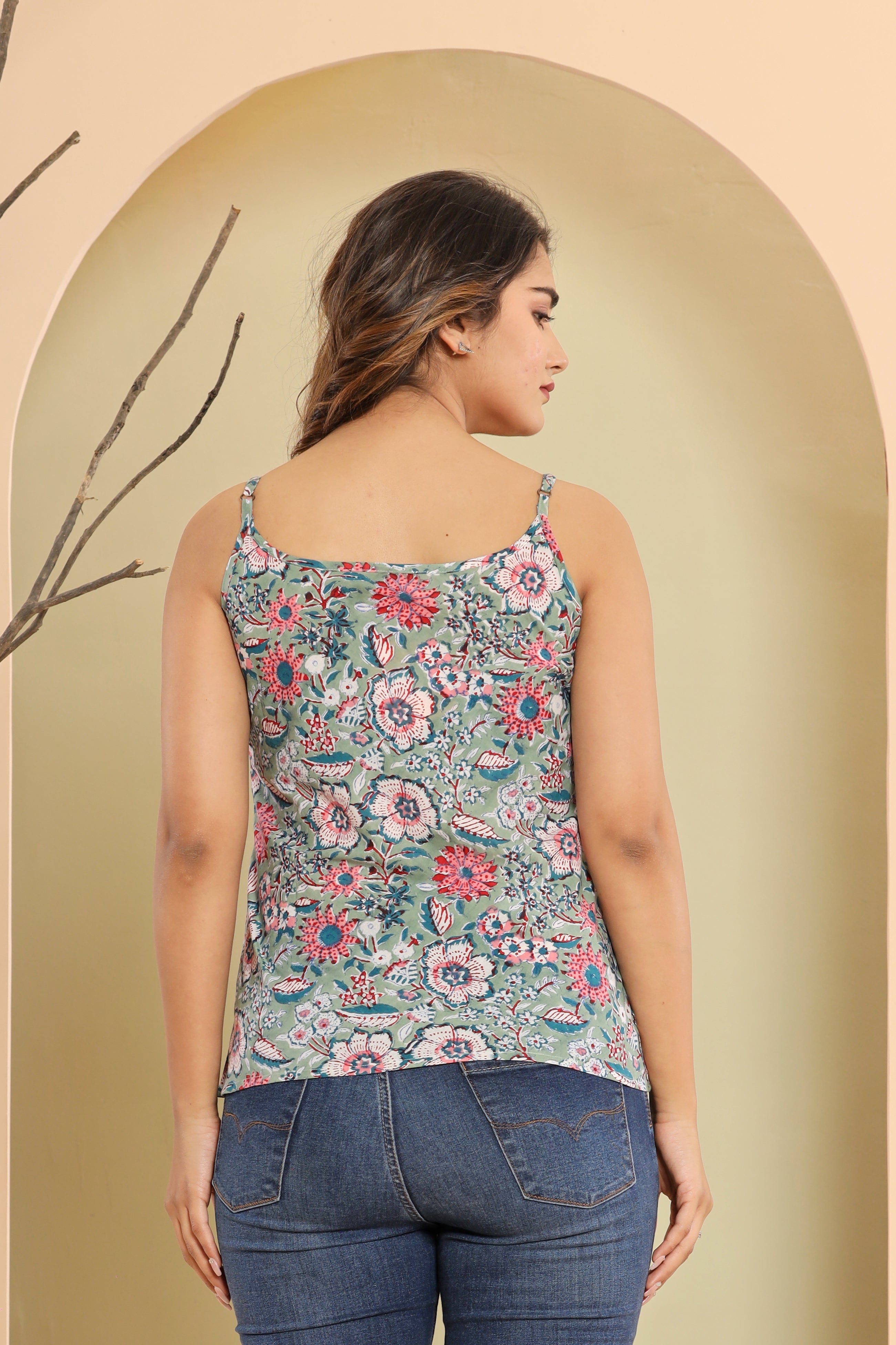 Aqua Grey Anitque Floral Jaal Womens Hand Block Printed Spaghetti Tops