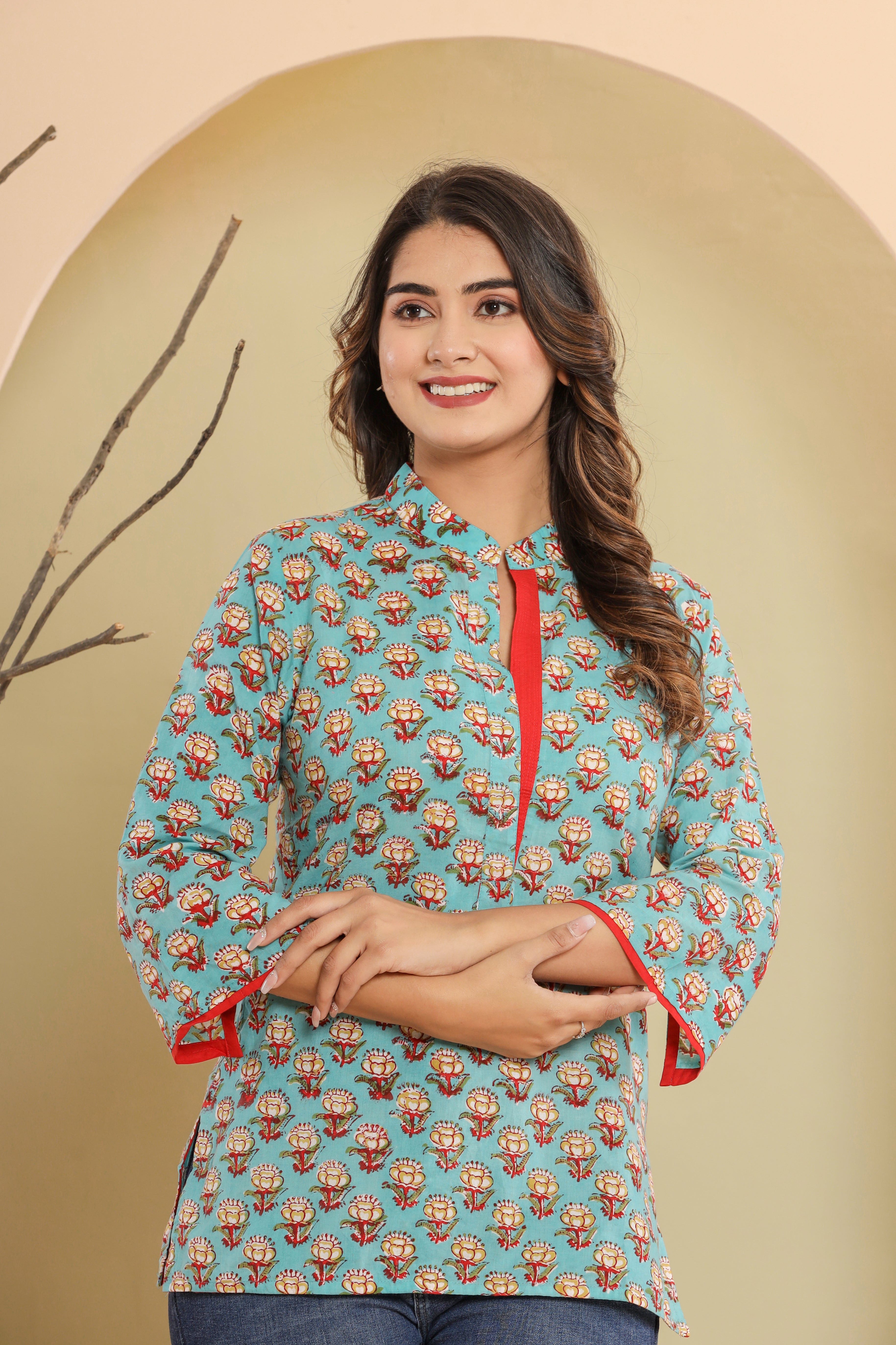 Aasmani Glory Flower Booti Womens Hand Block Printed Tops