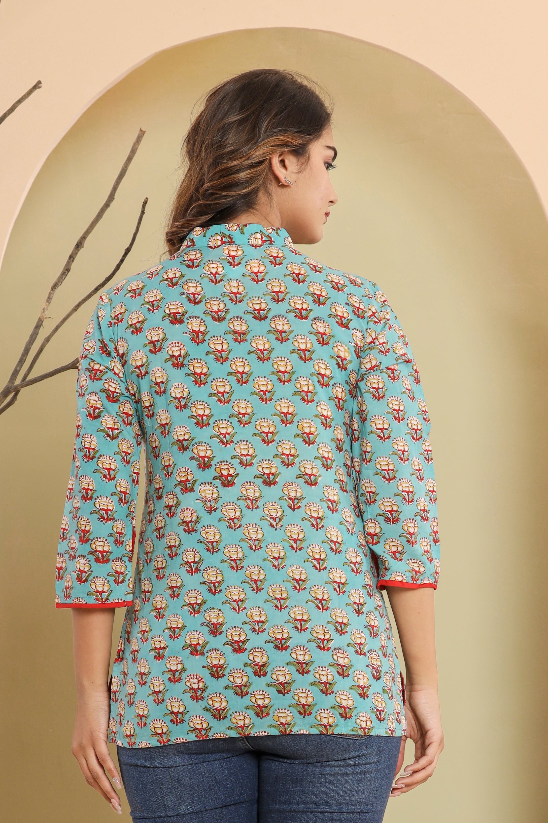 Aasmani Glory Flower Booti Womens Hand Block Printed Tops