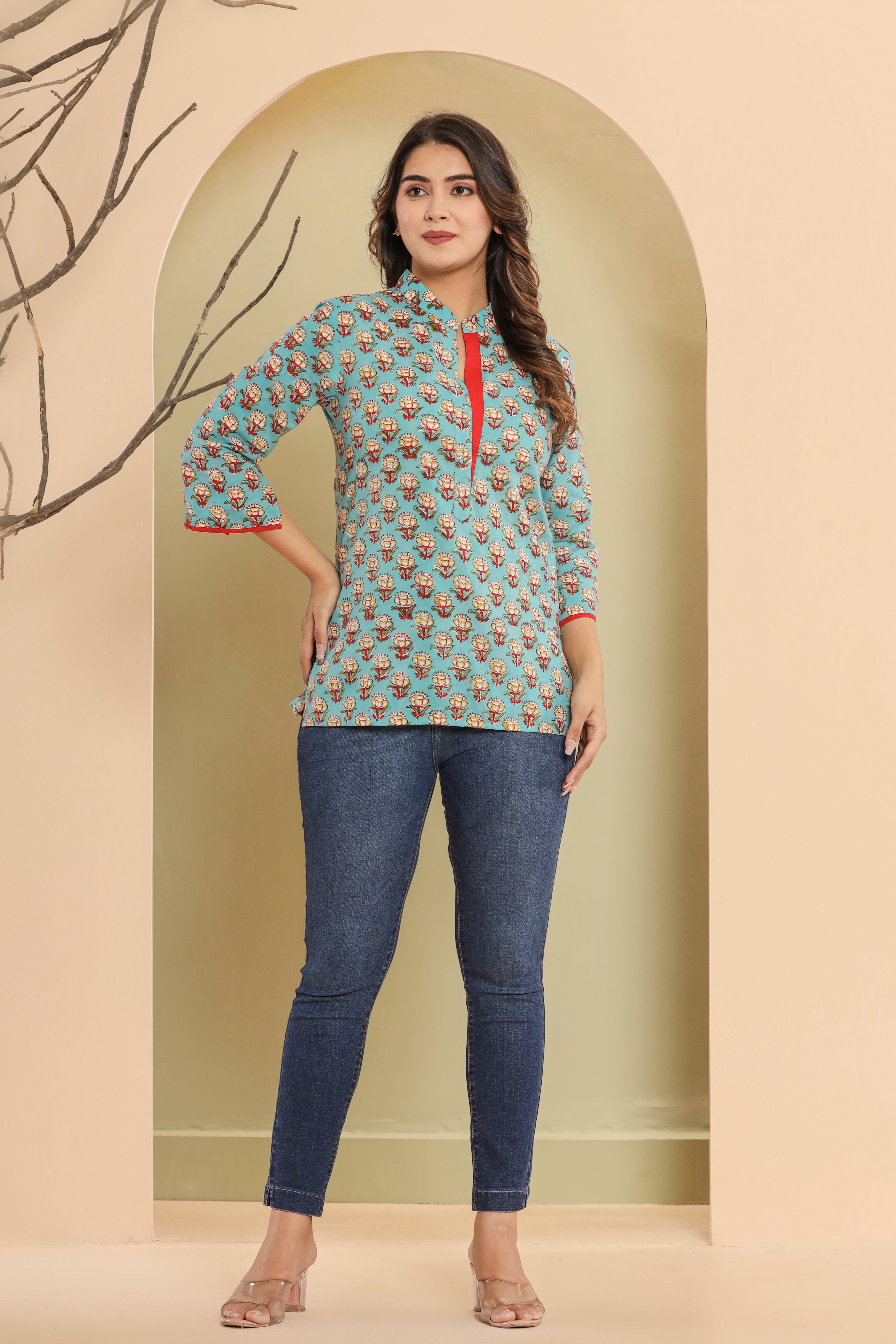 Aasmani Glory Flower Booti Womens Hand Block Printed Tops