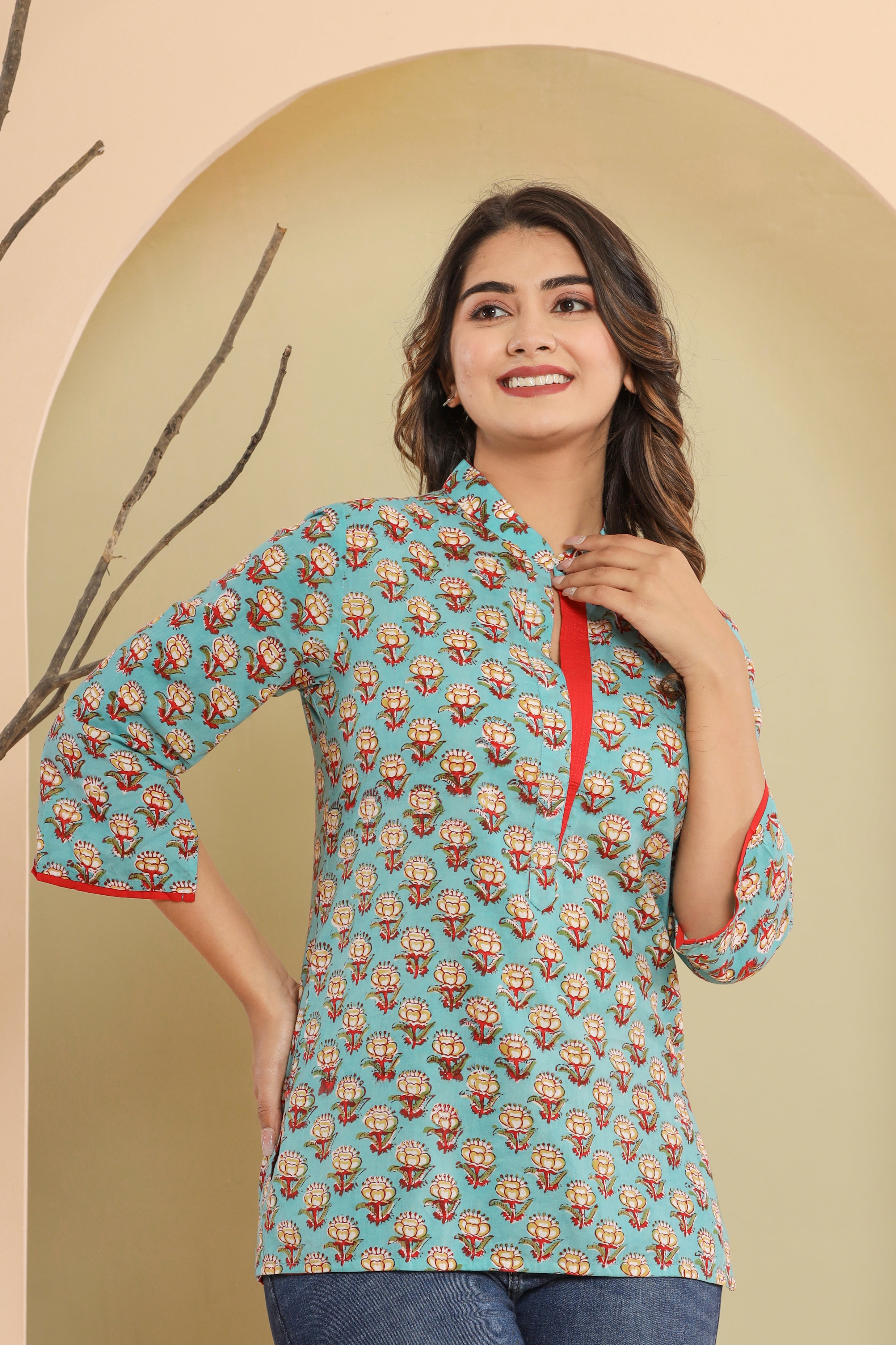 Aasmani Glory Flower Booti Womens Hand Block Printed Tops