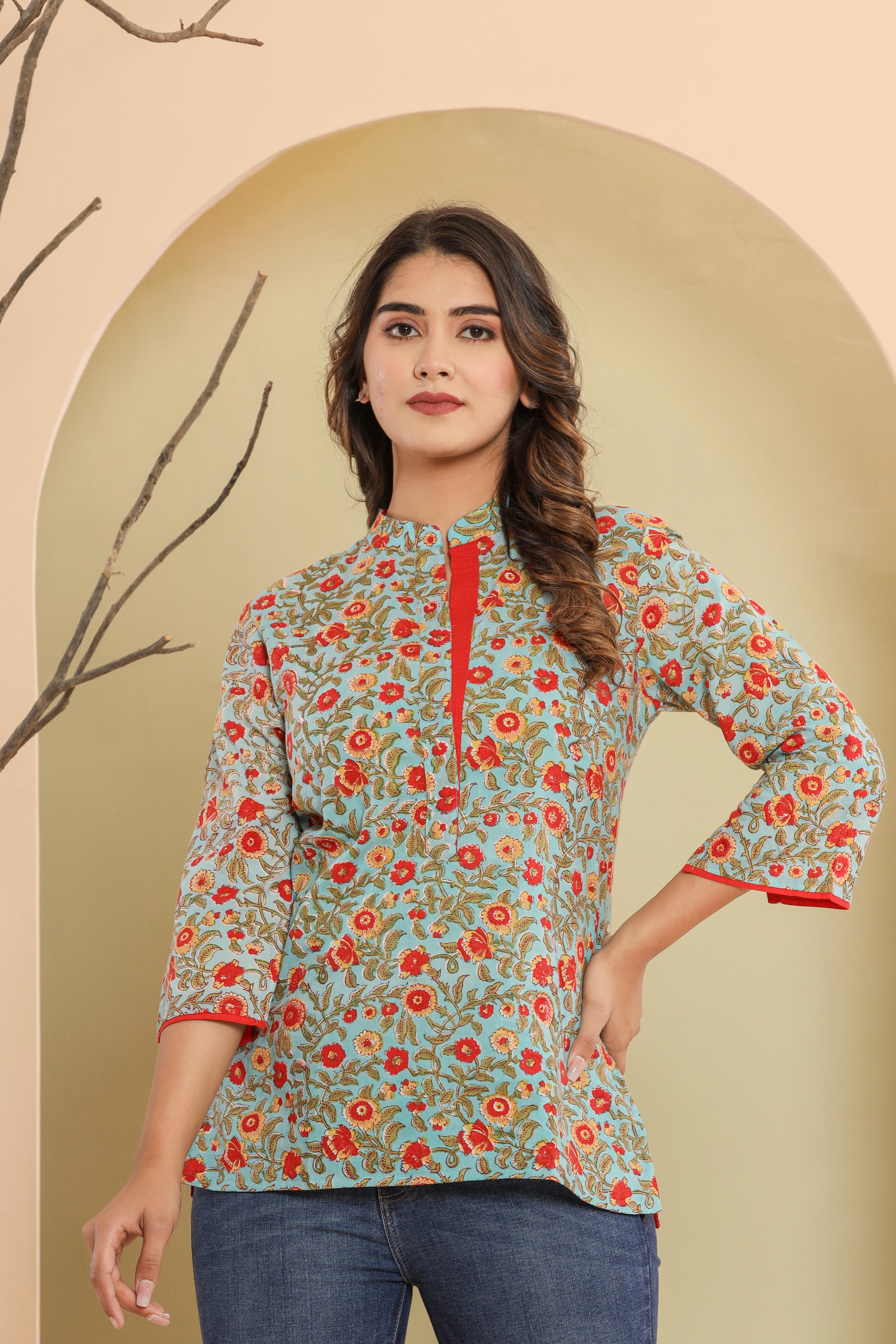 Aasmani Barsaati Jaal  Womens Hand Block Printed Tops