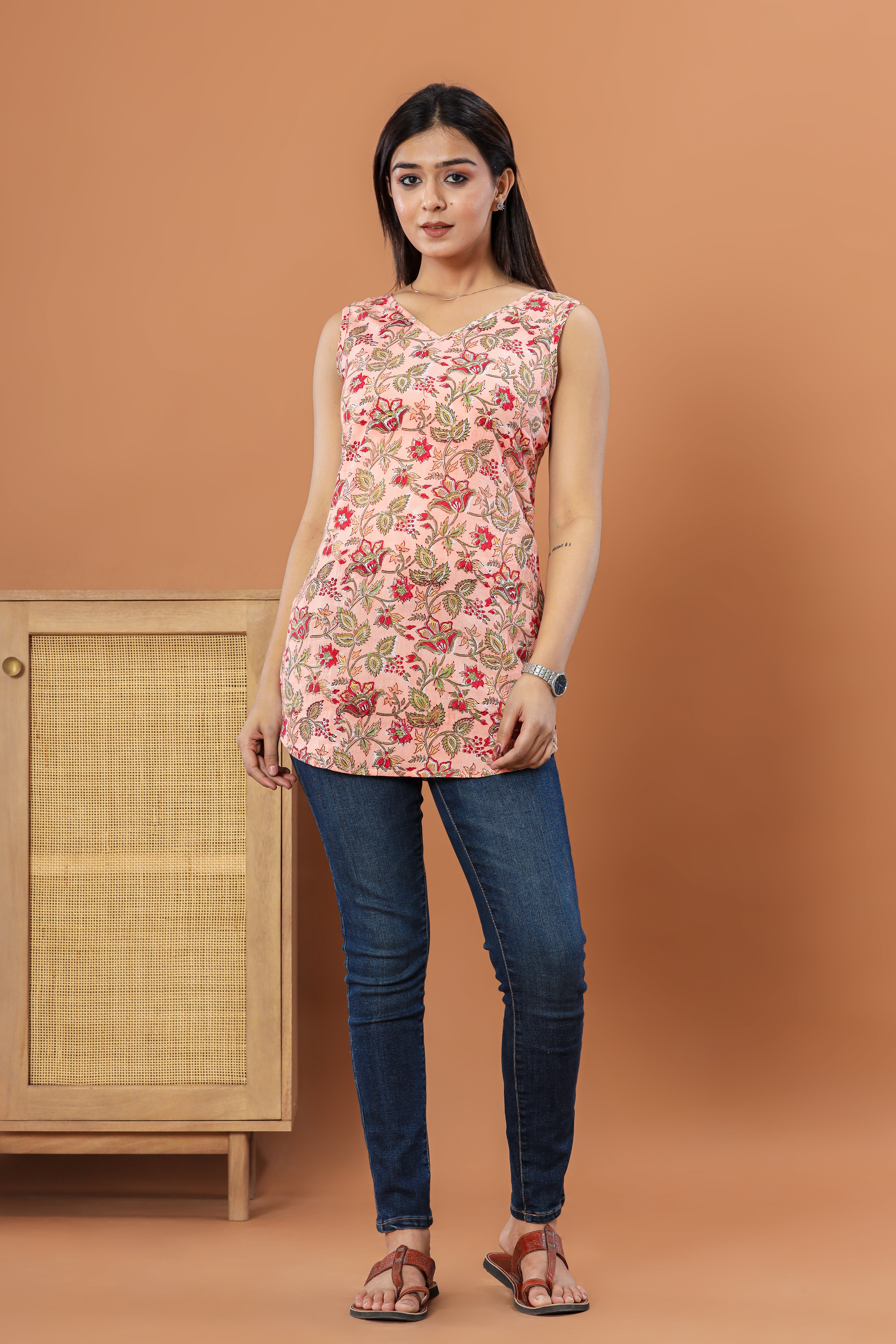 Gulabo Jaal Print Sleeveless Hand Block Printed Womens Tops