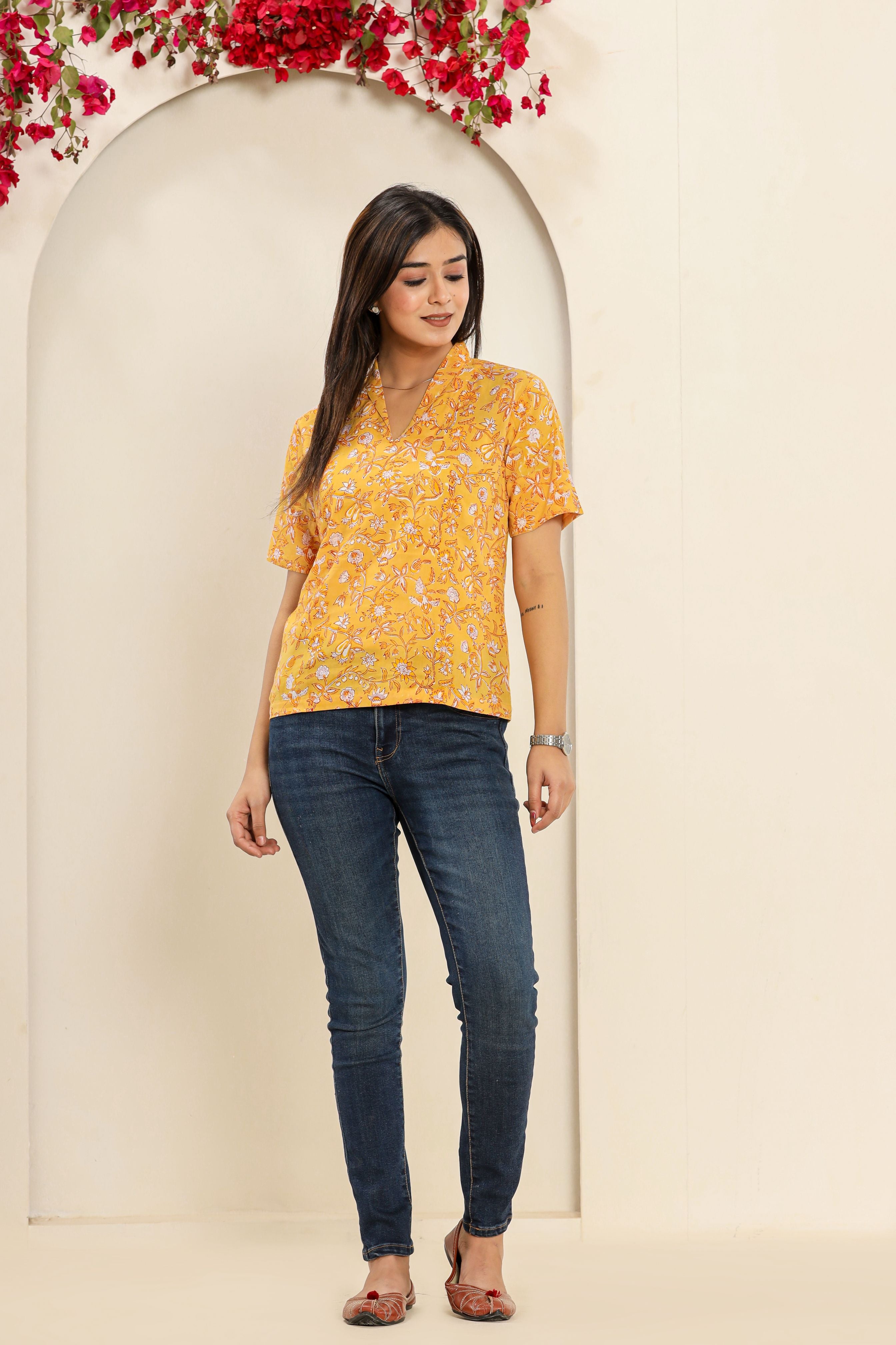 Yellow Sunshine Boxy Womens Hand Block Printed Tops