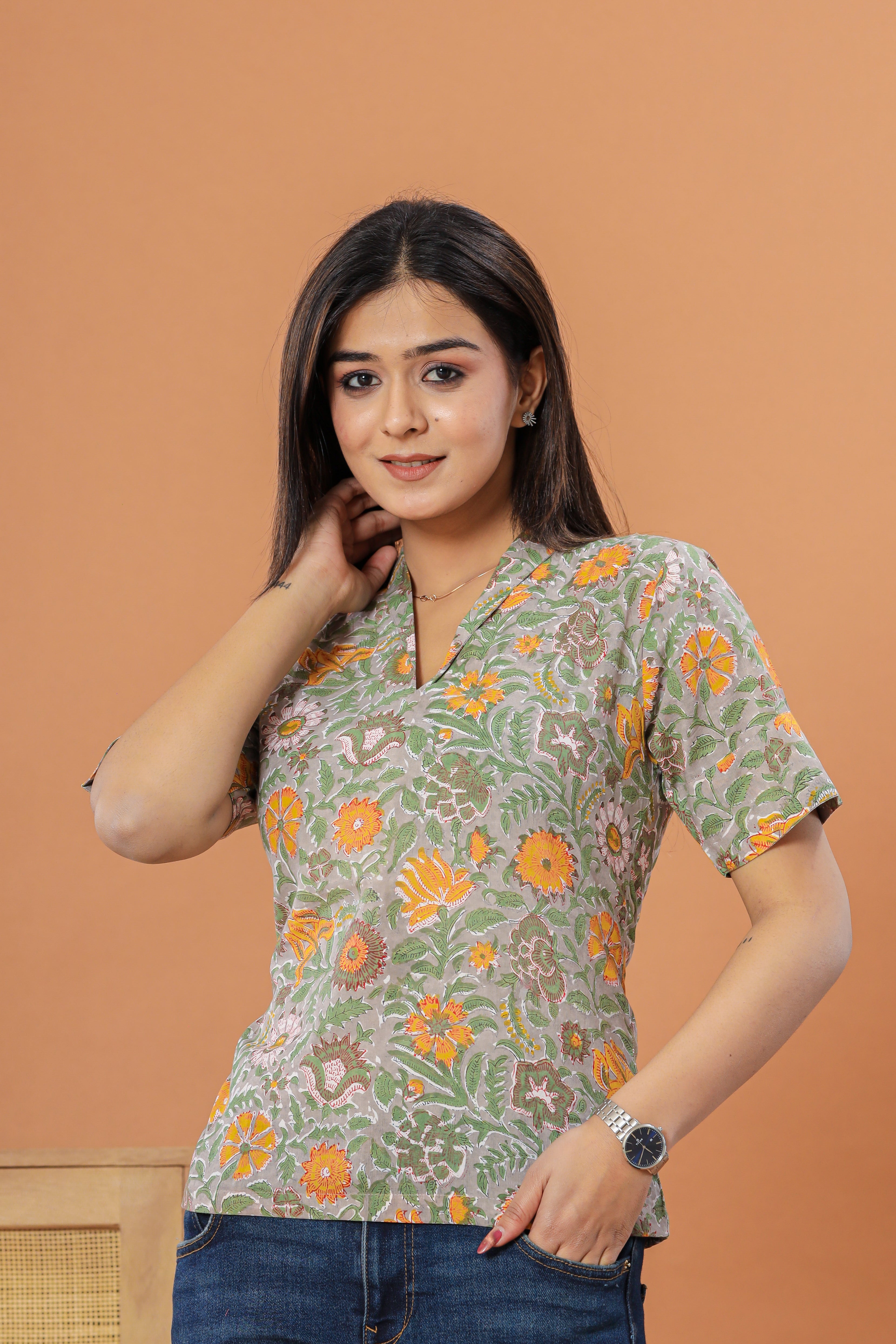 Grey Chintz Boxy Womens Hand Block Printed Tops