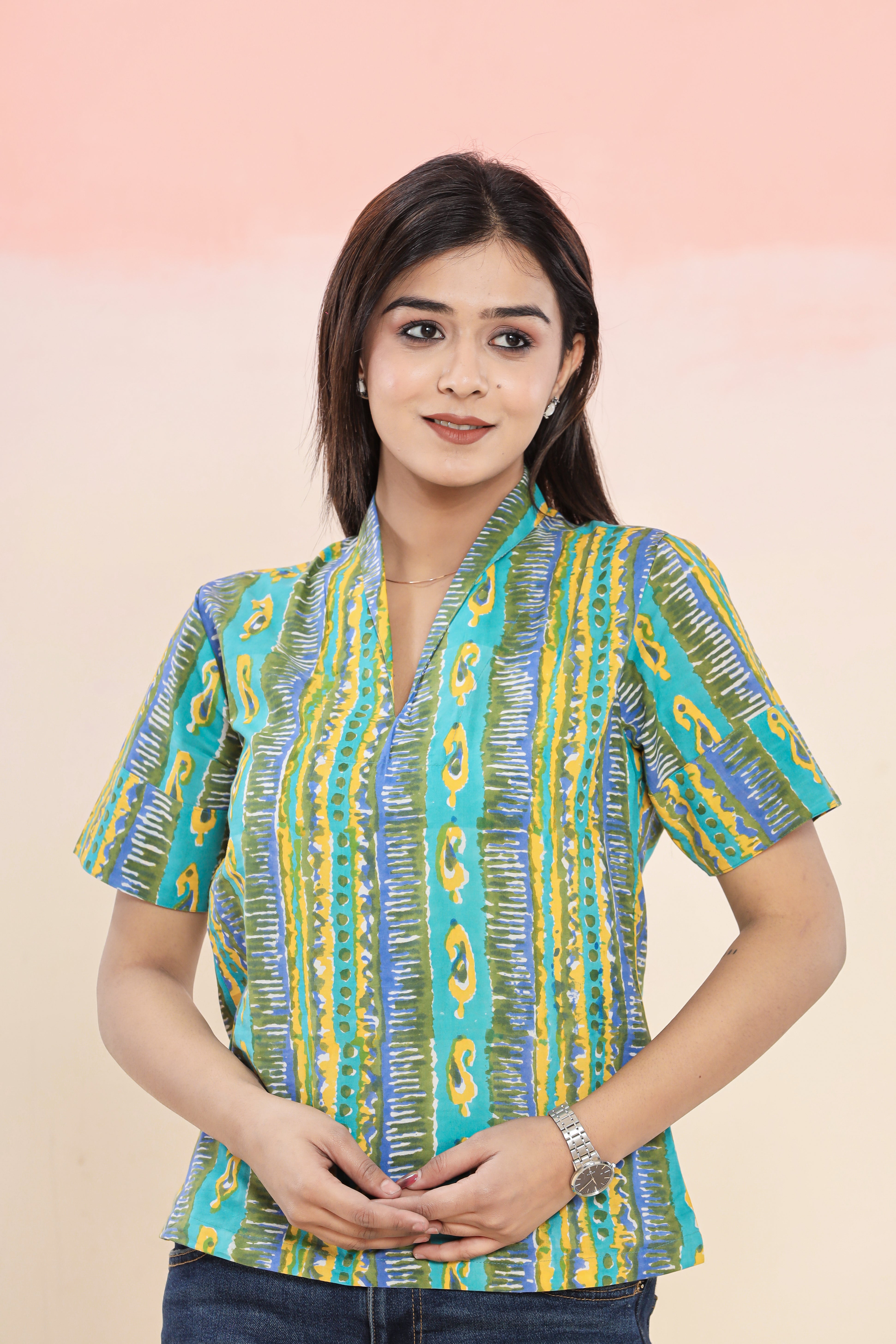 Multi colored Boxy Womens Hand Block Printed Tops