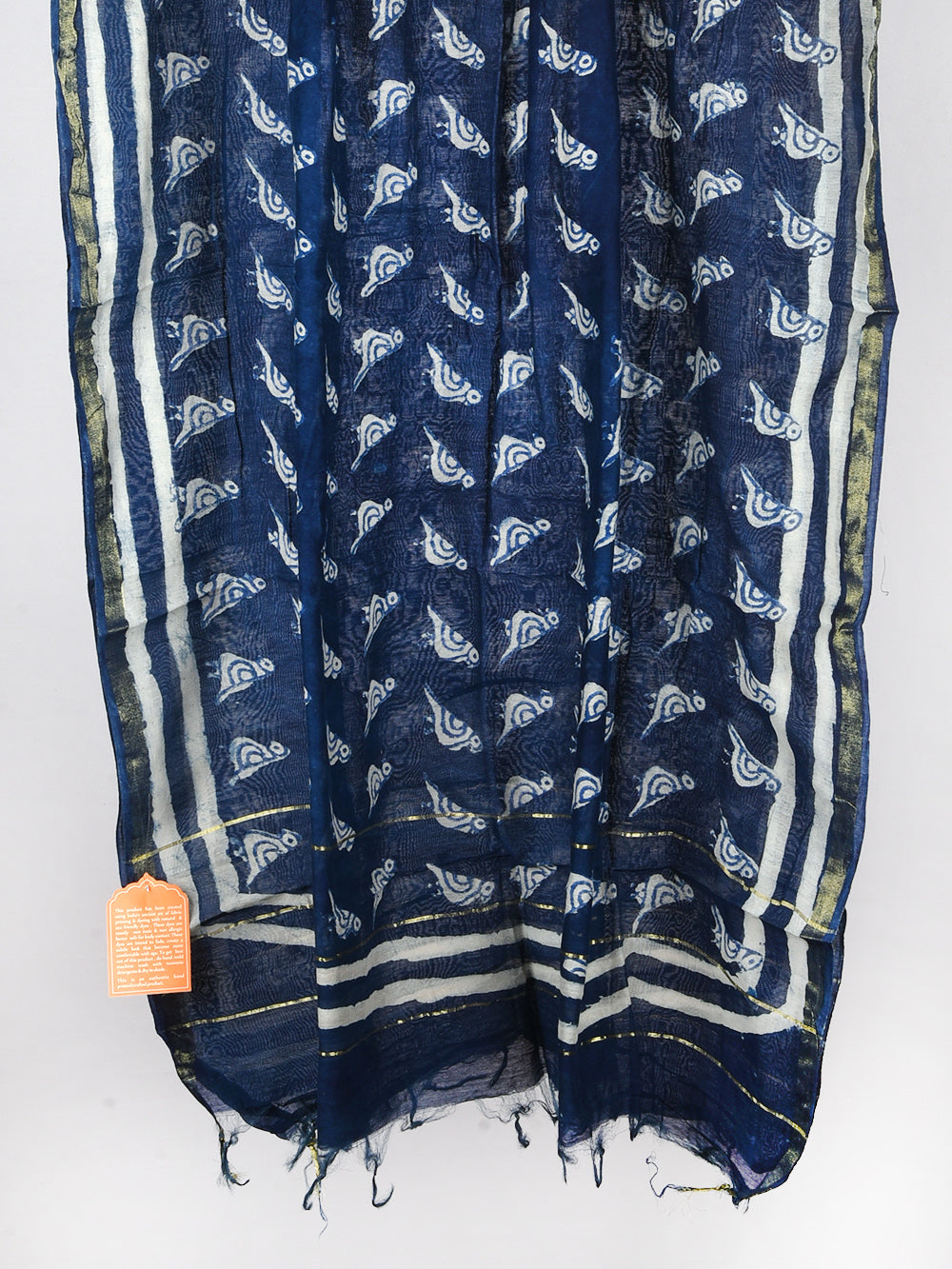 Indigo Tota Parrot Hand Block Printed Silk Cotton Chanderi Dupatta