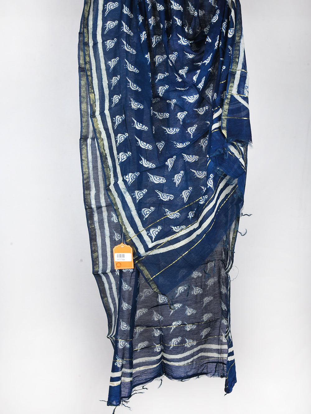 Indigo Tota Parrot Hand Block Printed Silk Cotton Chanderi Dupatta