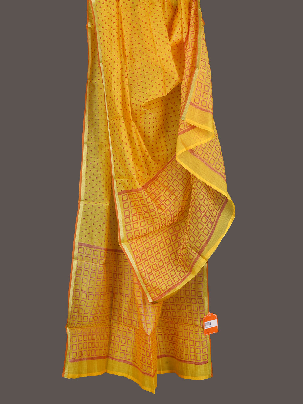 Yellow Bindu Hand Block Printed Mono Chanderi Dupatta