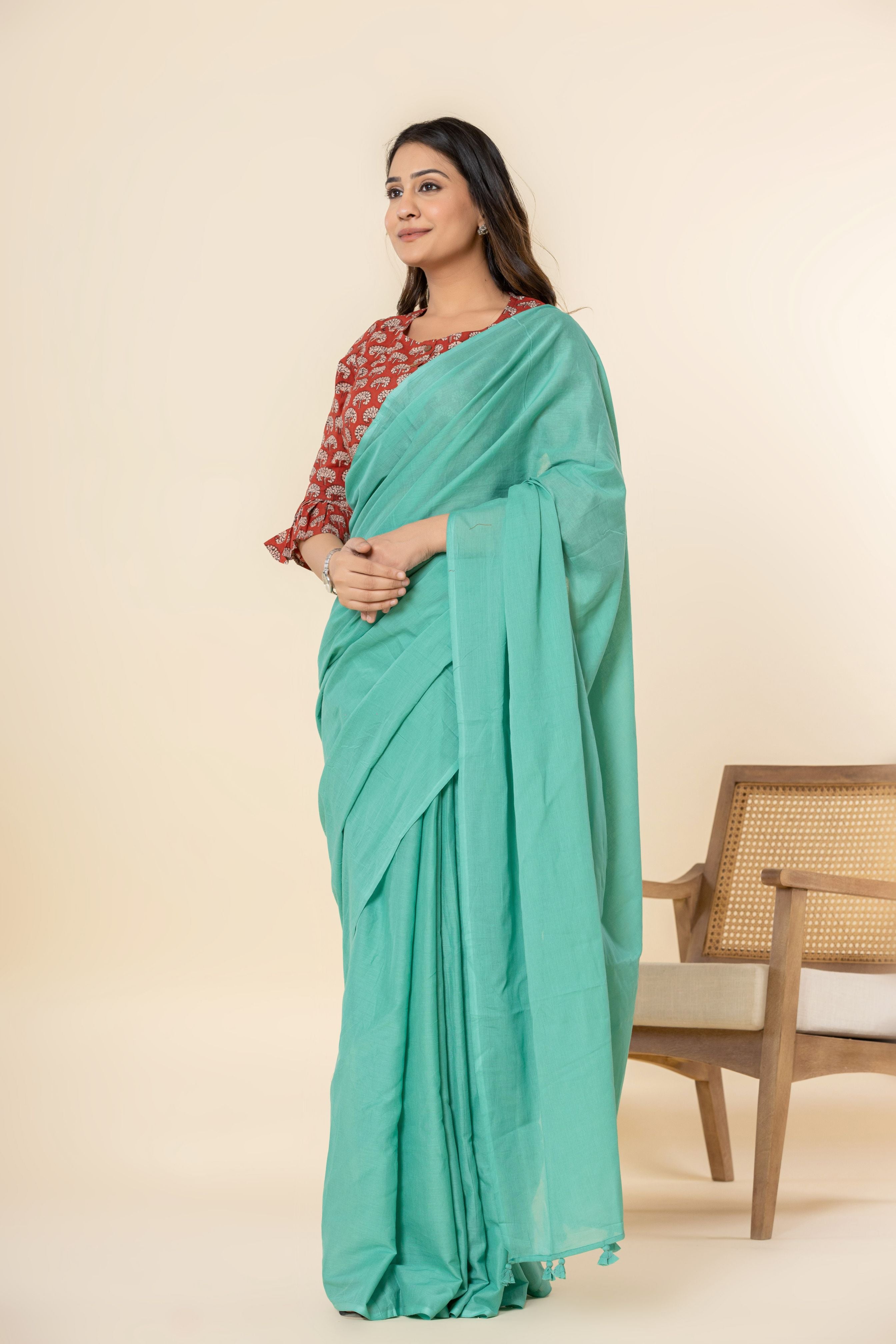 Light Sea Green Dyed Mul Mul Cotton Saree with Tassels (without Blouse)