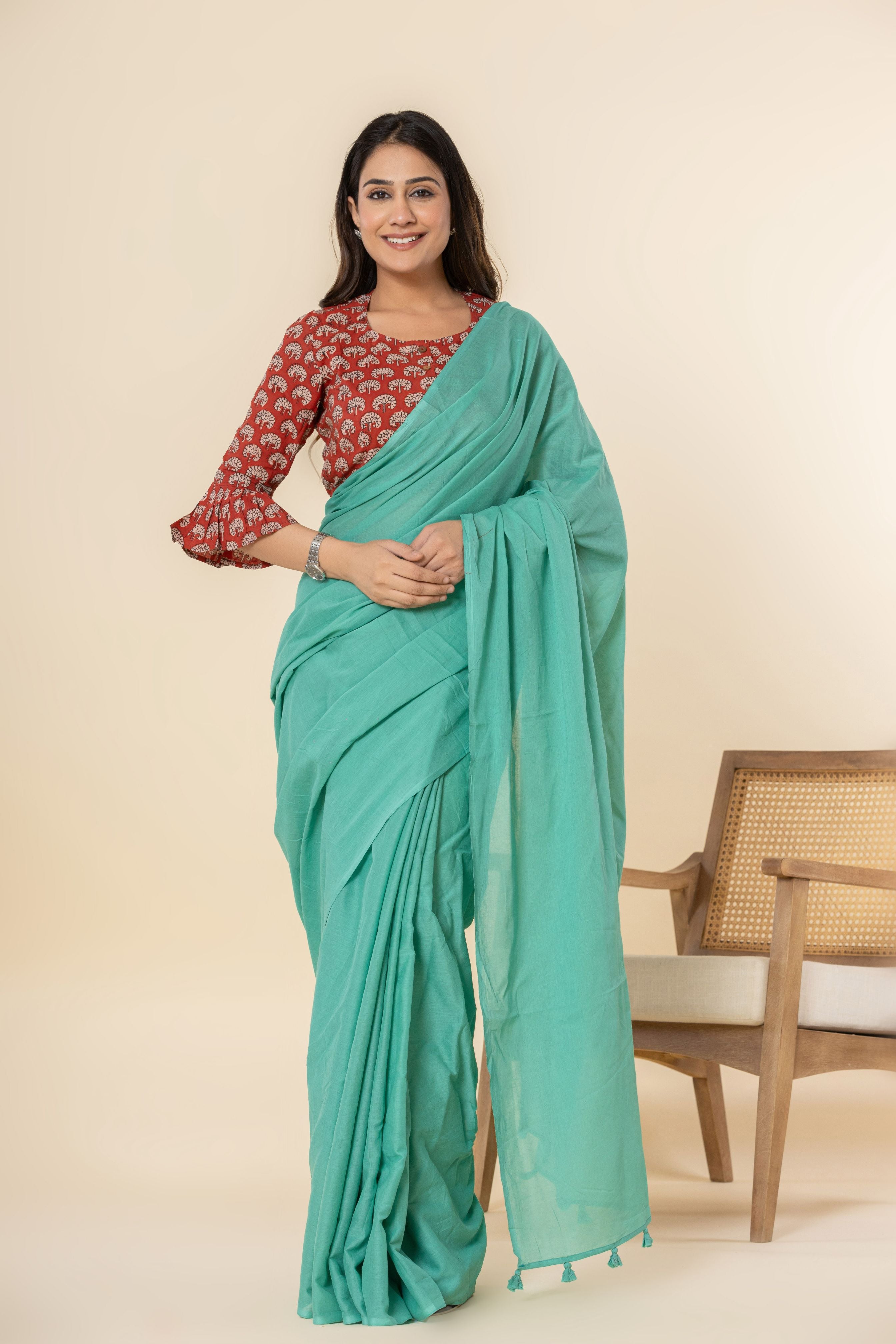 Light Sea Green Dyed Mul Mul Cotton Saree with Tassels (without Blouse)