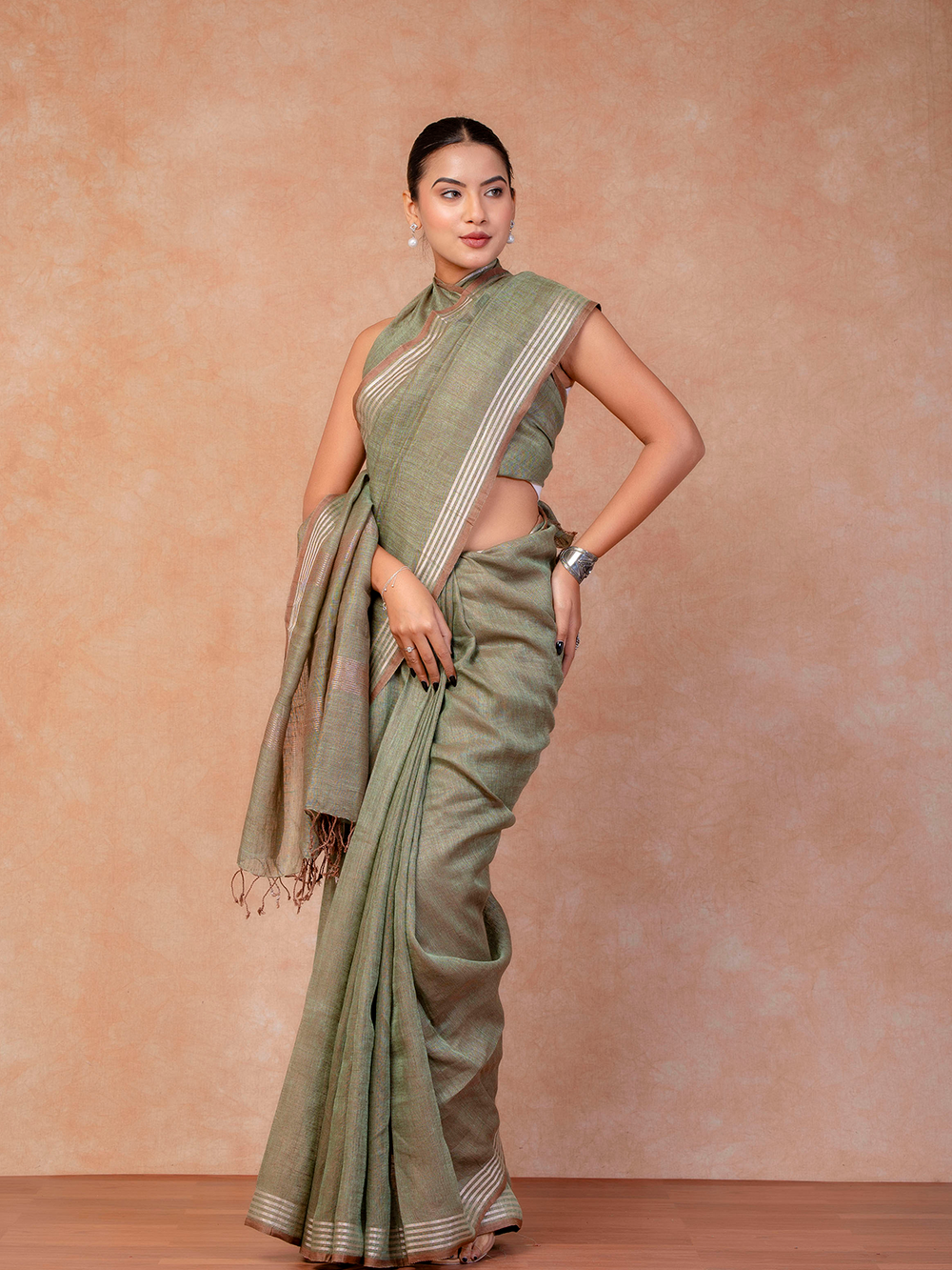 Soft Moss Green Cross Dyed Pure Linen Saree with Blouse