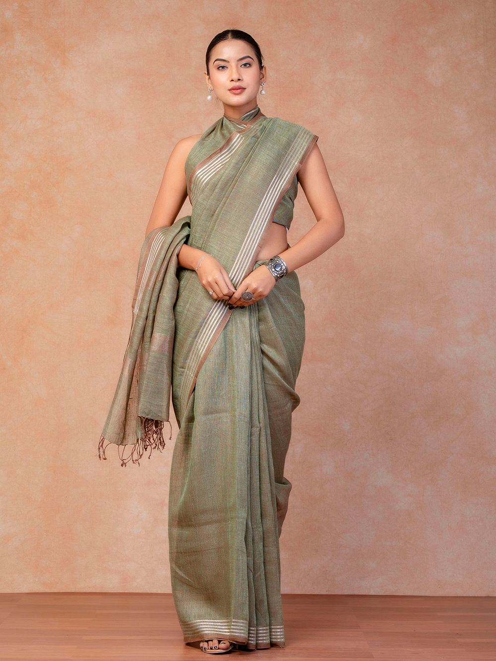 Soft Moss Green Cross Dyed Pure Linen Saree with Blouse