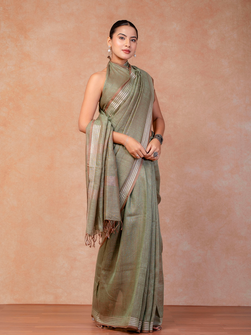 Soft Moss Green Cross Dyed Pure Linen Saree with Blouse