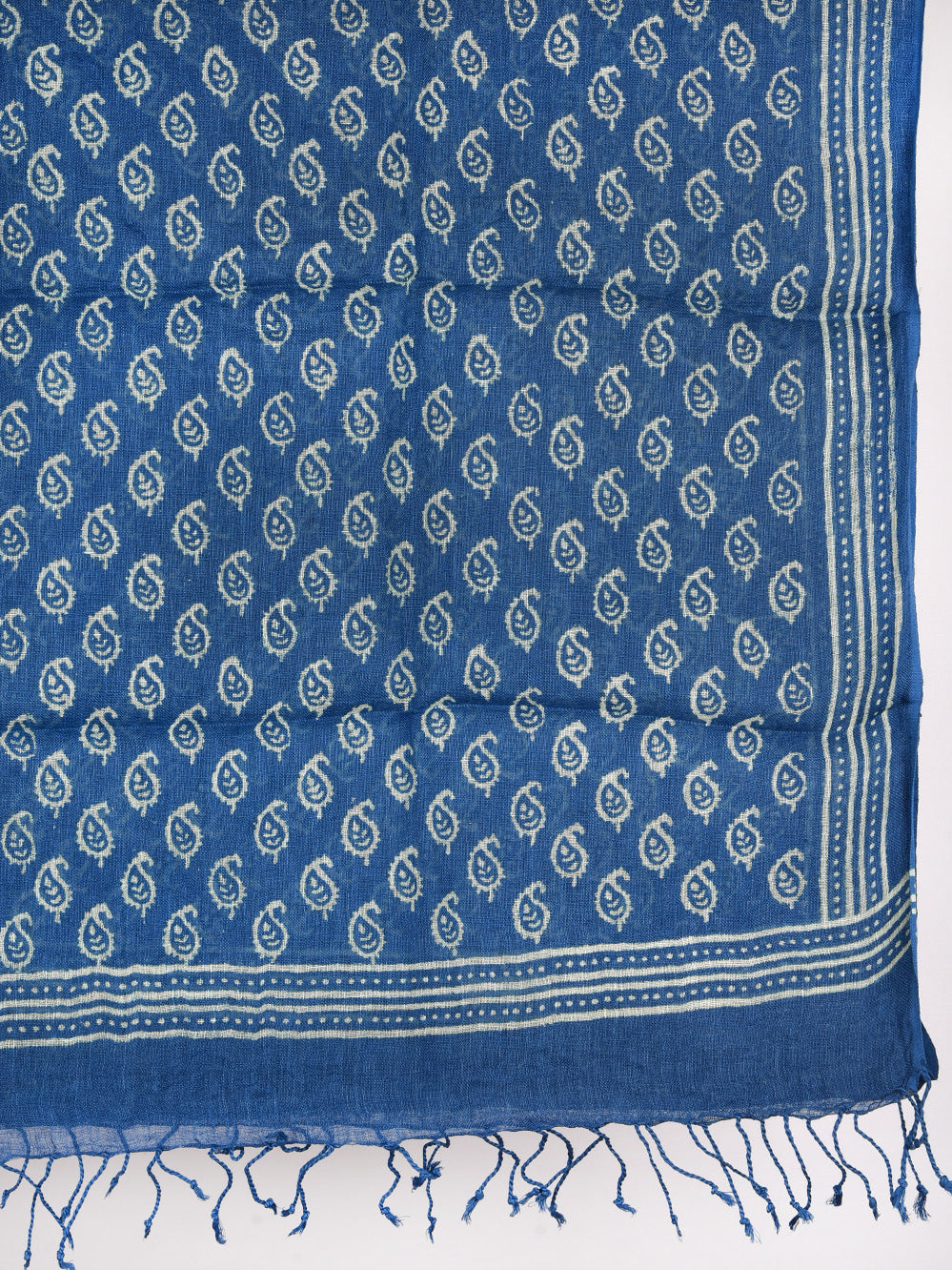 Blue Traditional Kairi Hand Printed Pure Linen Dupatta