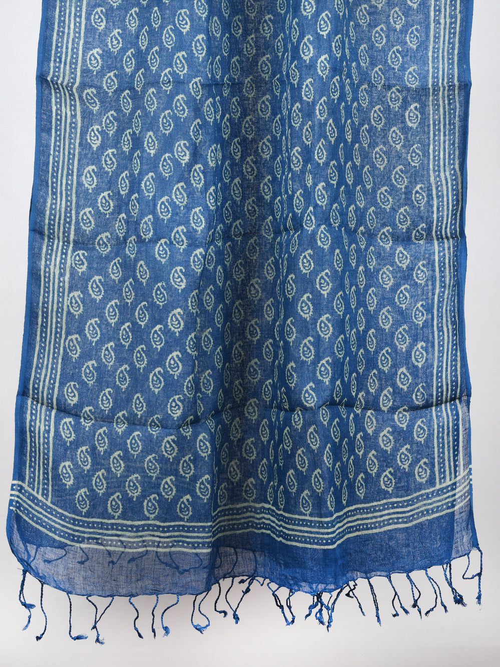 Blue Traditional Kairi Hand Printed Pure Linen Dupatta