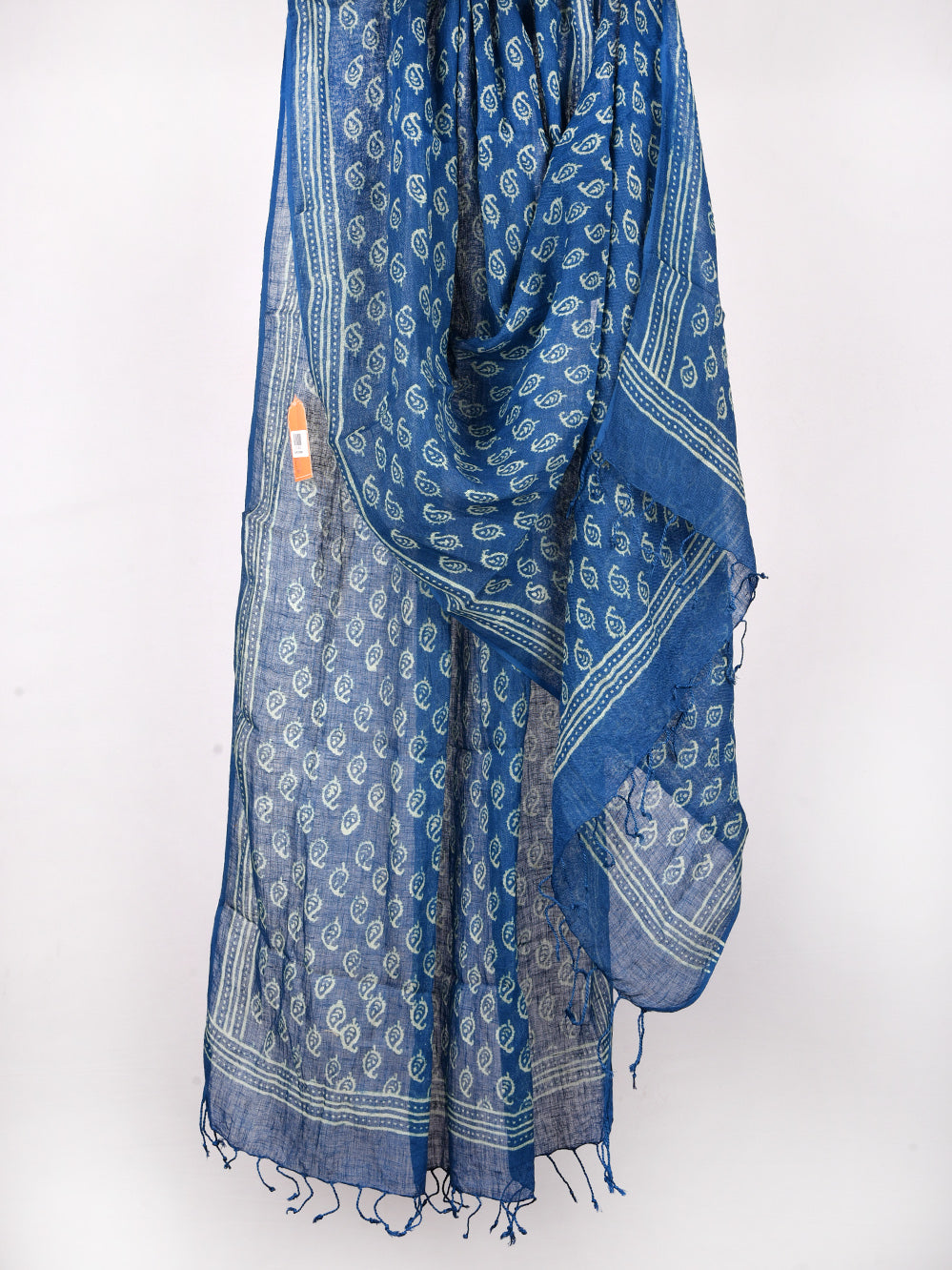 Blue Traditional Kairi Hand Printed Pure Linen Dupatta