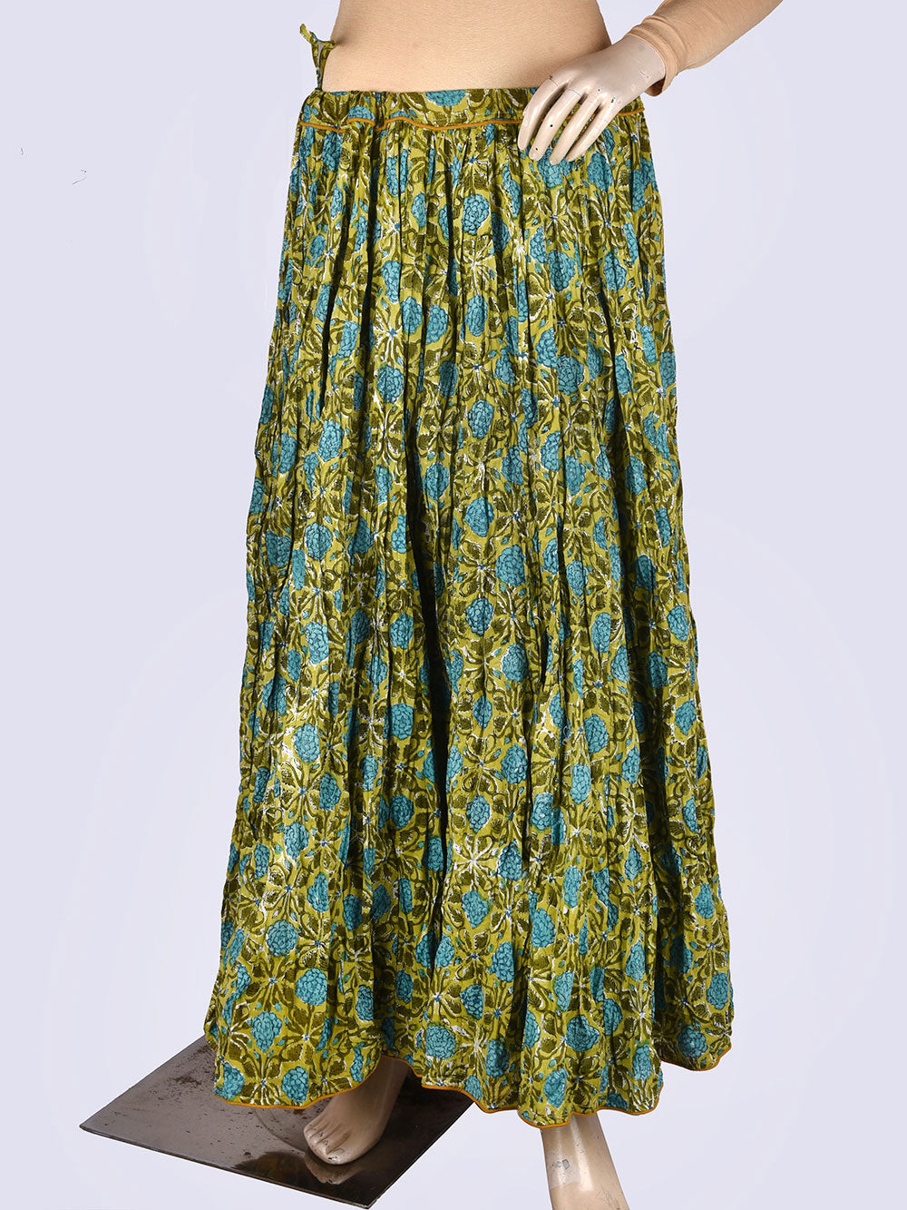 Forest Green Hand Block Printed Crinkled Cotton Cambric 48 Kali Kalidaar Skirt