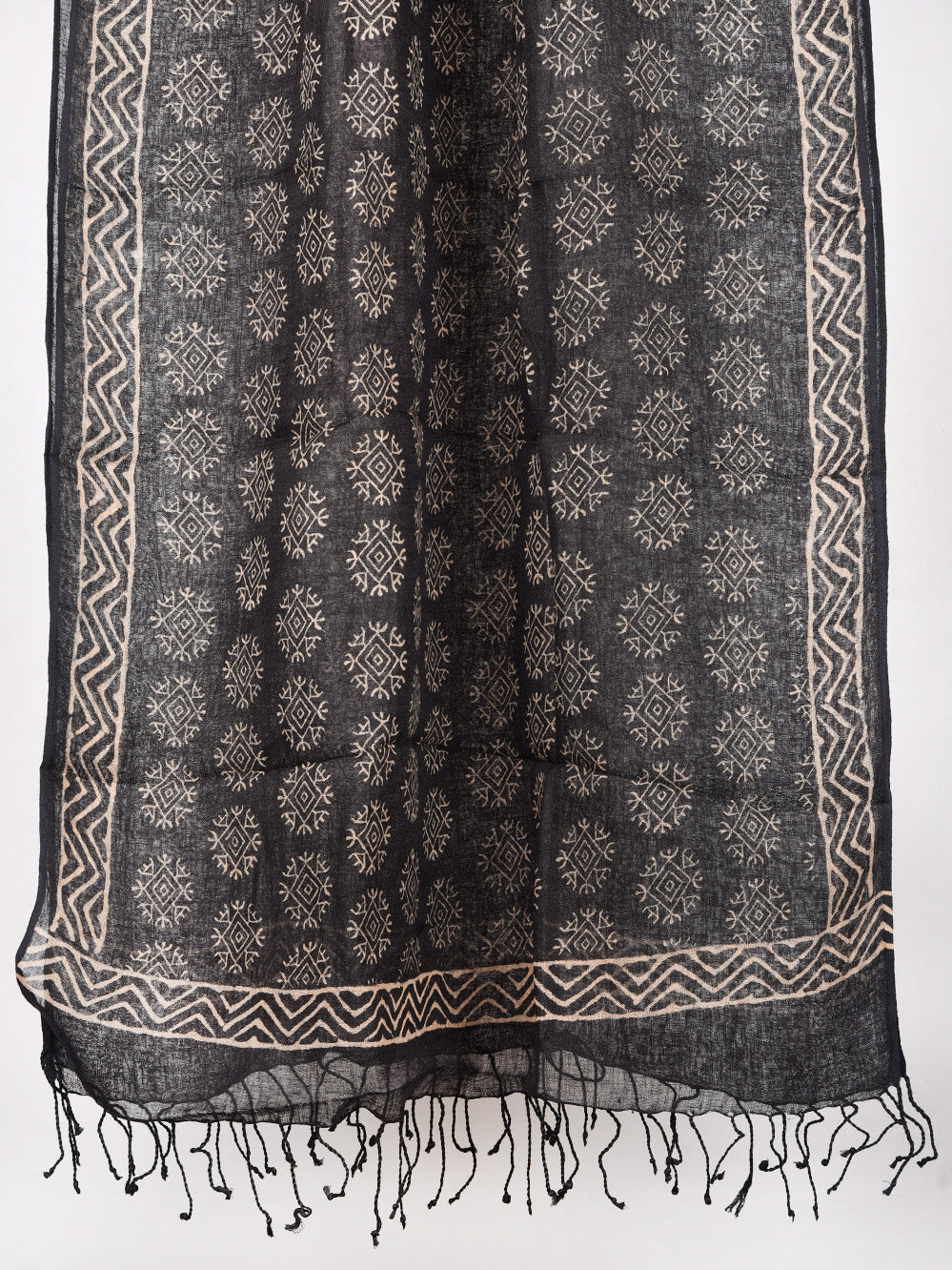 Black Traditional Mandala Hand Printed Pure Linen Dupatta