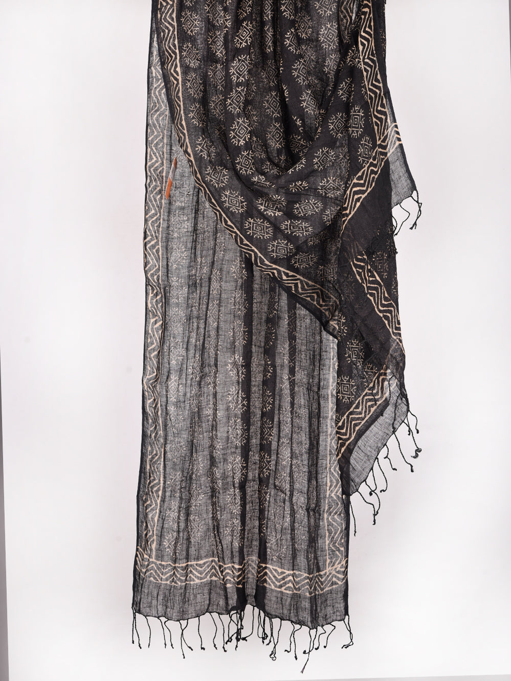 Black Traditional Mandala Hand Printed Pure Linen Dupatta