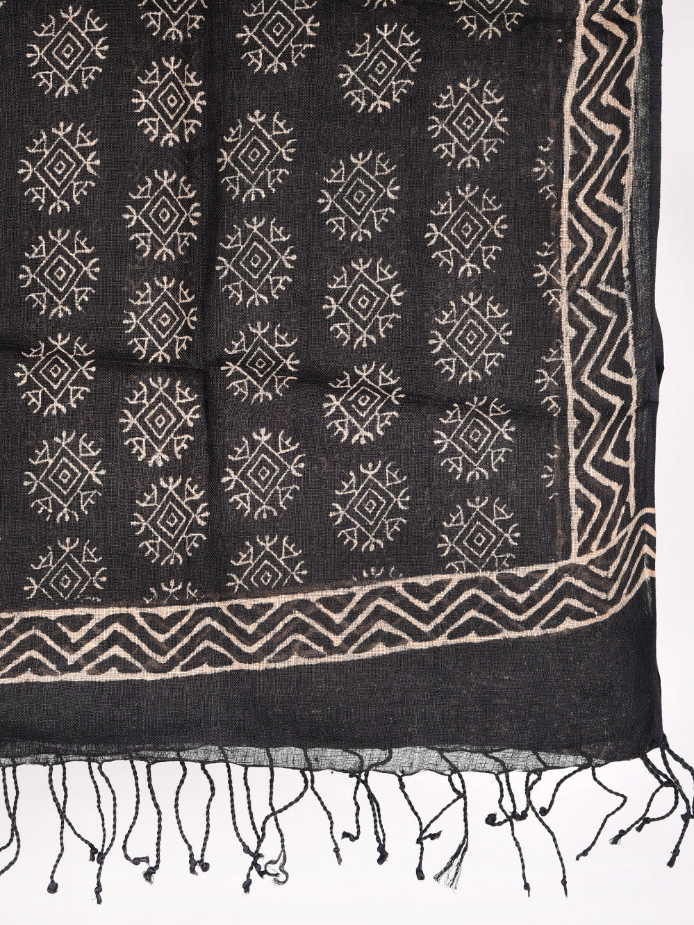 Black Traditional Mandala Hand Printed Pure Linen Dupatta