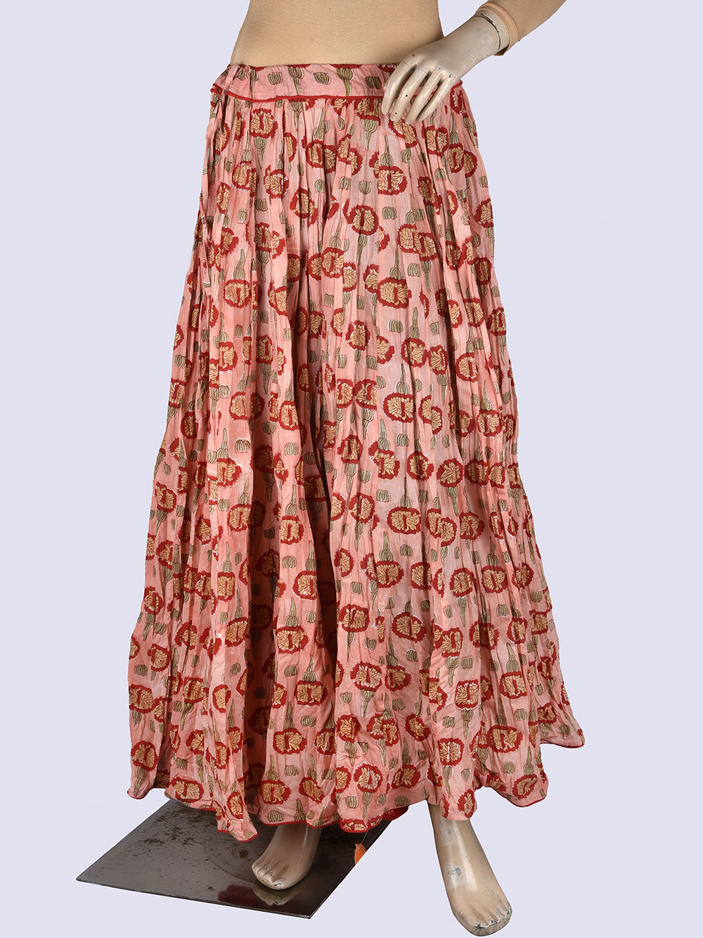 Gulabi Genda Phool Hand Block Printed Crinkled Cotton Cambric 48 Kali Kalidaar Skirt